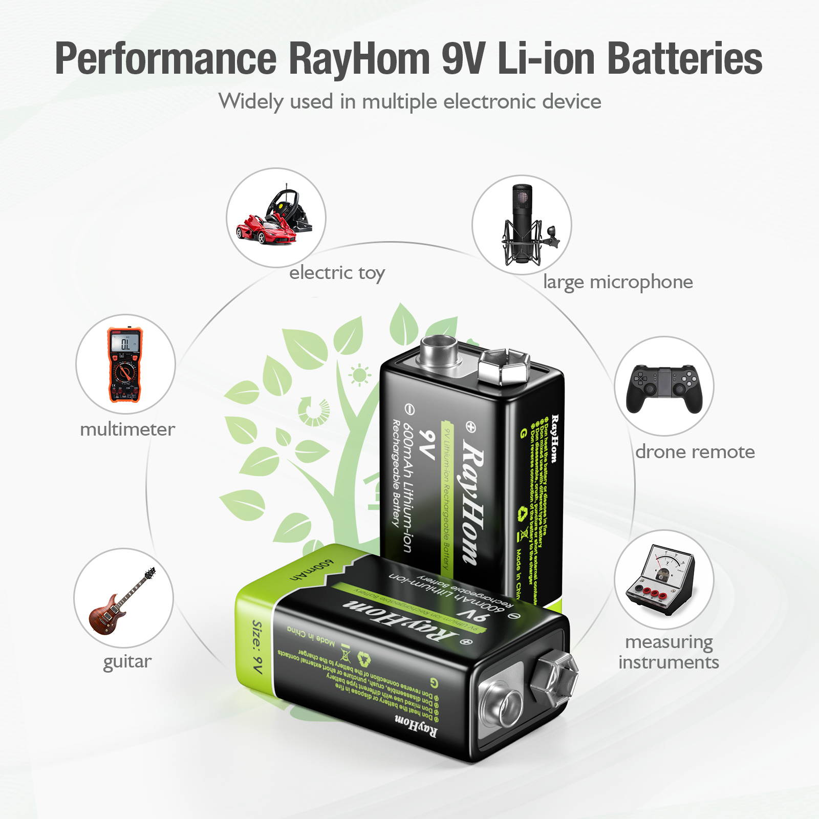 RayHom 9 Volt Rechargeable Batteries Lithium ion 9V 600mAh Li-ion Batteries (4-Pack)
