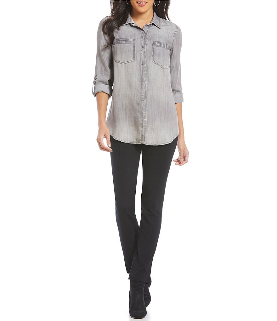 Intro Petites Roll-Tab Sleeve Button Front Slub Lyocell Shirt