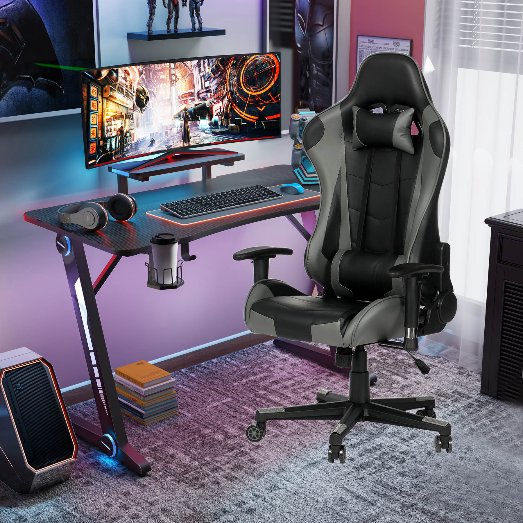 47.2 Inch Z-Shaped Gaming Desk with Adjusted Reclining Ergonomic PU Leather Chair Home Office Desk and Chair Set Gamer Workstation with Monitor Stand Carbon Fiber Surface Gamer Table with RGB Lights