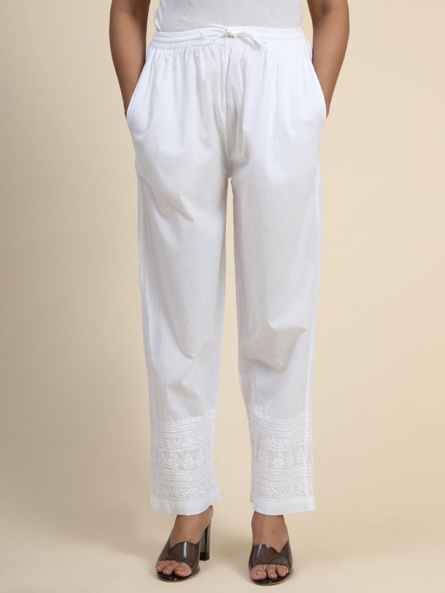 House Of Kari HOK Chikankari Cotton White Pant Trouser