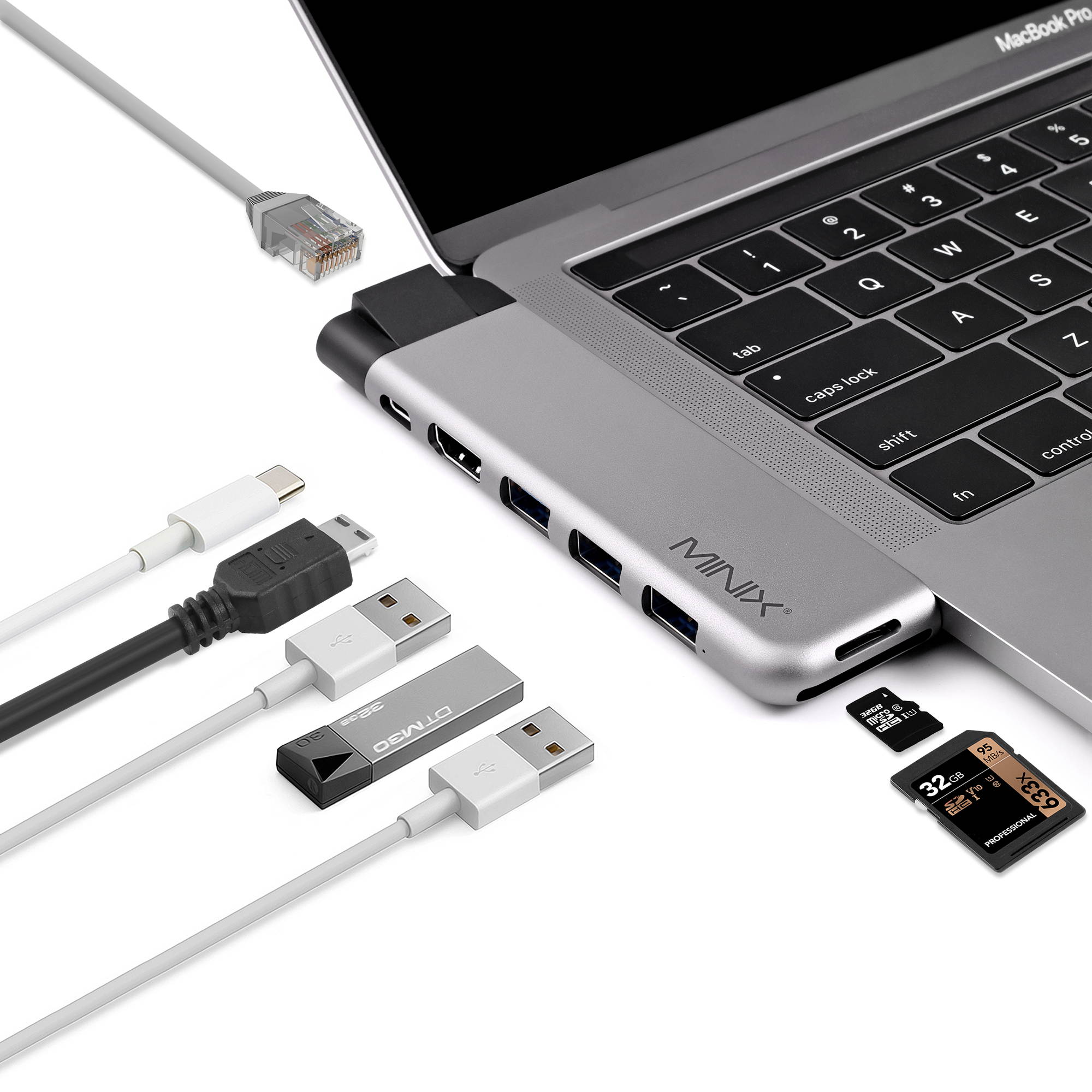 MINIX NEO C-D Pro &nbsp;Aluminum USB C multiport Adapter for Apple Macbook and Macbook Pro USB 3.0 Ports*3, 4K HDMI Ports, Gigabit Ethernet LAN,SD/micro SD Card Reader,USB-C Charging  Gray/Silver