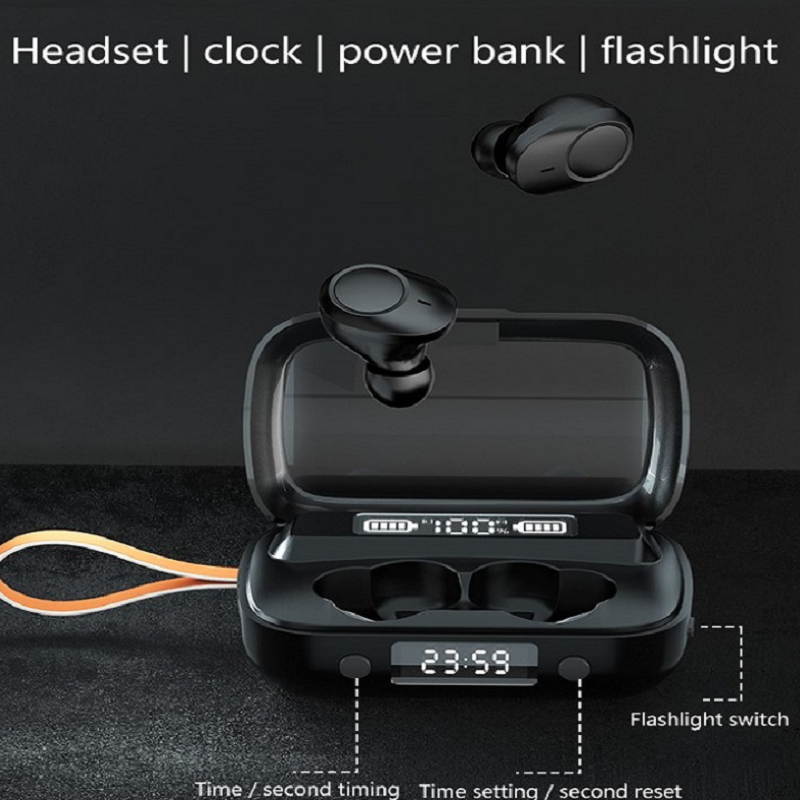 Bluetooth5.1 ture wireless earbuds TWS Deep Bass Earphone, 100H Playtime with LED charging case,IPX7 Waterproof Headset,Touch control & Built-in Mic for Run/Workout/Gym, with Clock alarm/flashlight
