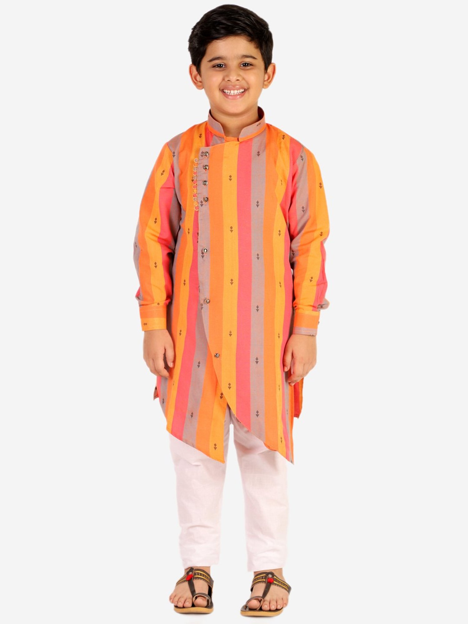 Pro-Ethic Style Developer Kids Orange & White Striped Full Sleeves Kurta with Pyjamas