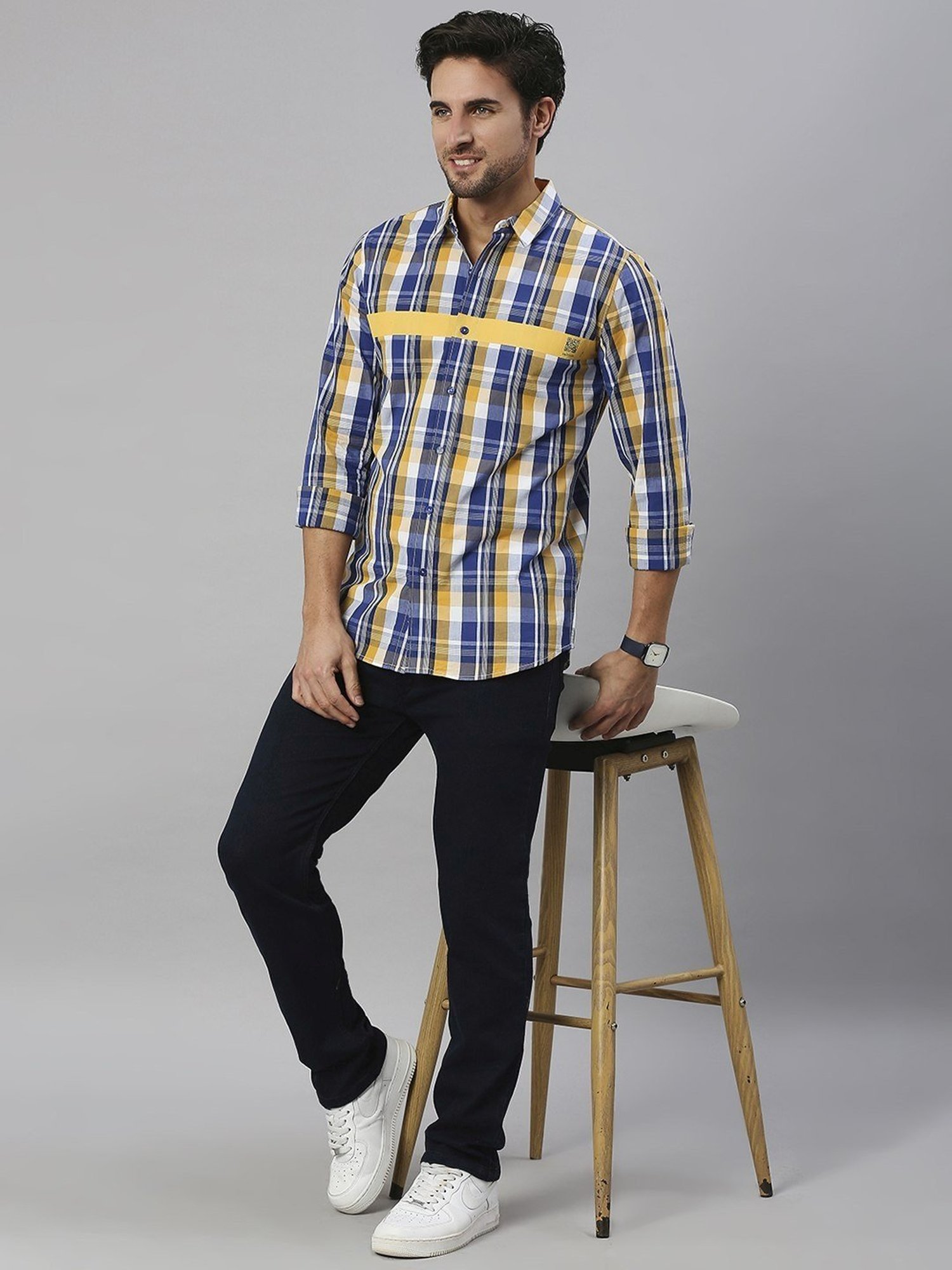 SOLEMIO Navy & Mustuard Cotton Slim Fit Checks Shirt