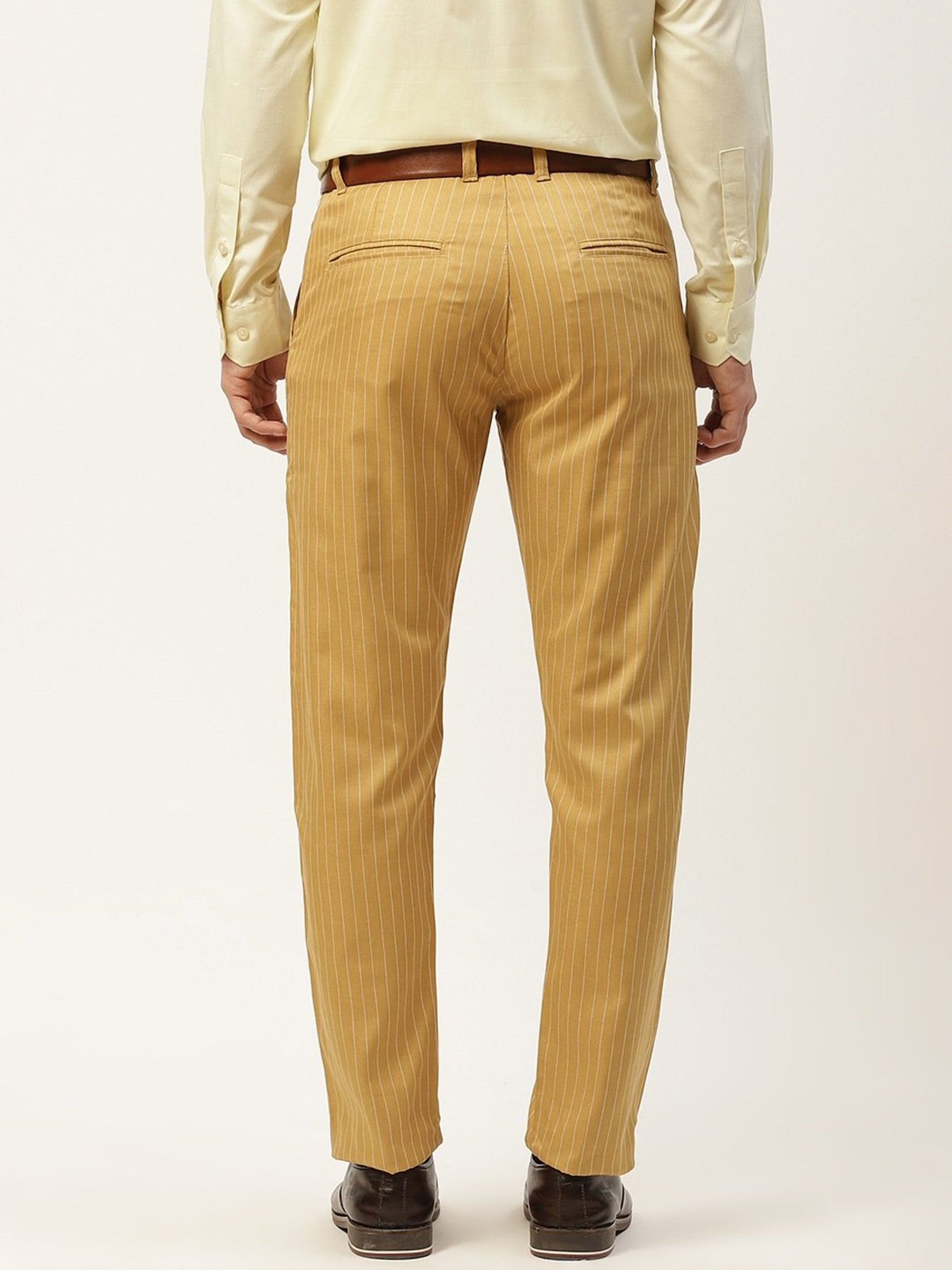 Sojanya Gold Cotton Regular Slim Fit Striped Flat Front Trousers
