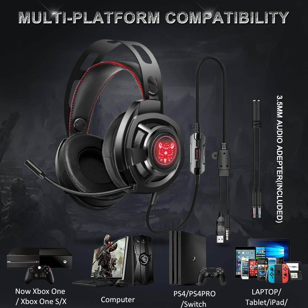 ONIKUMA M190 Pro RGB LED Light Over-Ear 7.1 Surround Sound Noise Cancelling Gaming Headset Microphone Bundle with Headphone Stand for PC, Xbox One, PS4, Nintendo Switch, Mac, Desktop, Laptop, Computer