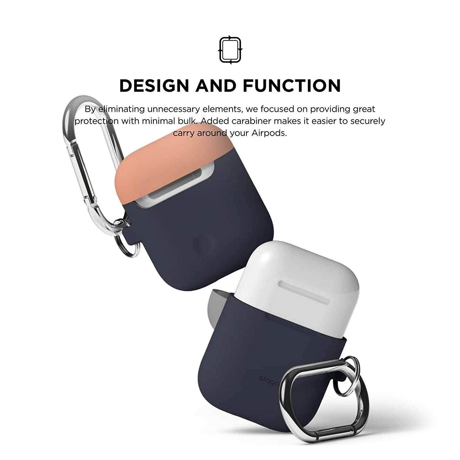elago AirPods Duo Hang Case [Body:Jean Indigo/TOP:Peach, Grey] - [Extra Protection] [Hassle Free][Added Carabiner] - for AirPods Case