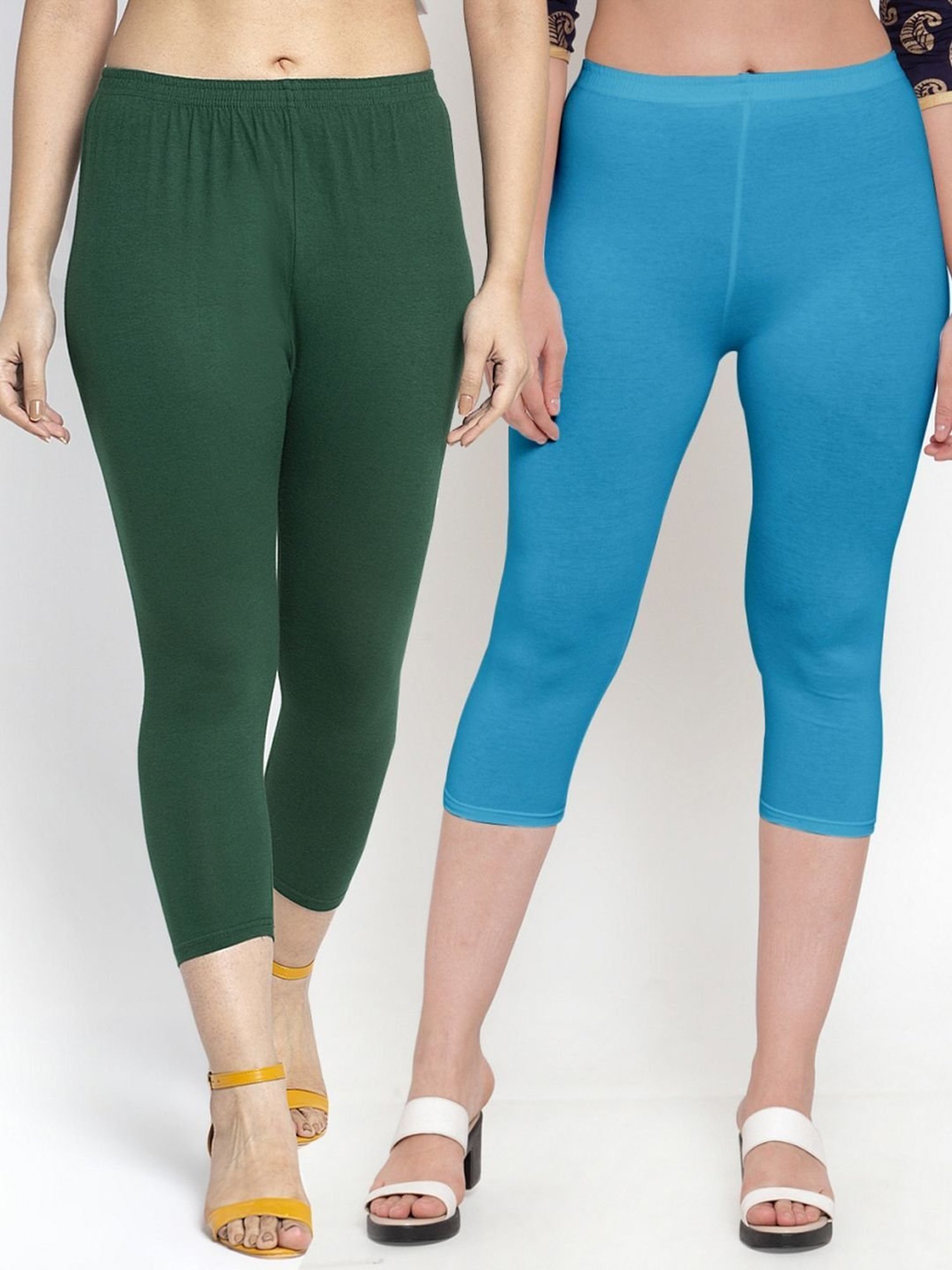 Gracit Green & Sky Blue Mid Rise Capris - Pack Of 2
