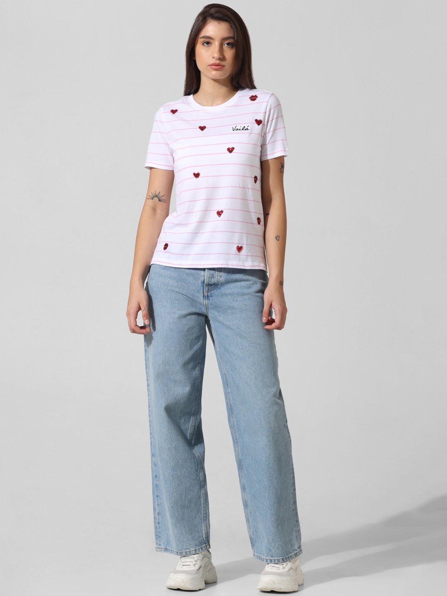 Only White & Pink Cotton Embellished T-Shirt