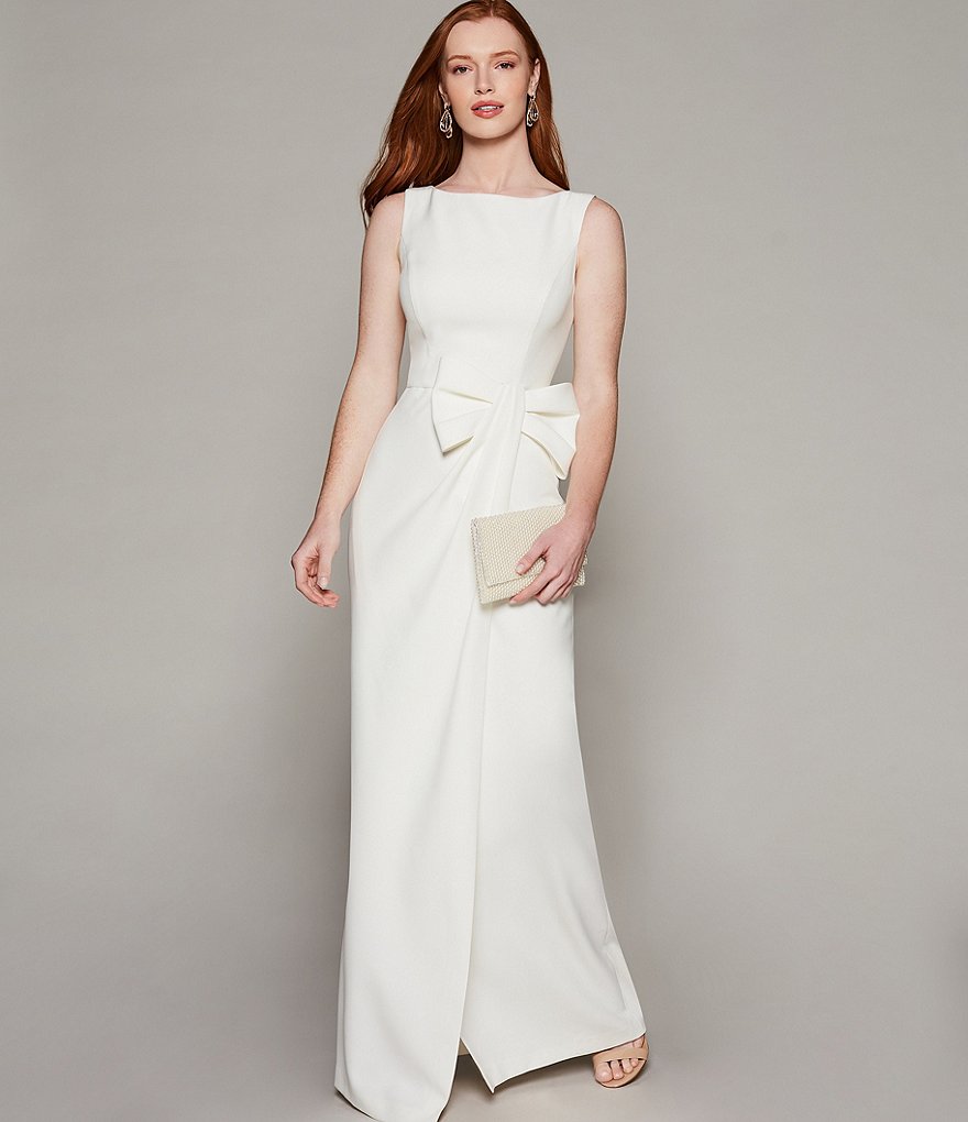 Eliza J Boat Neck Draped Side Bow Laguna Crepe Gown