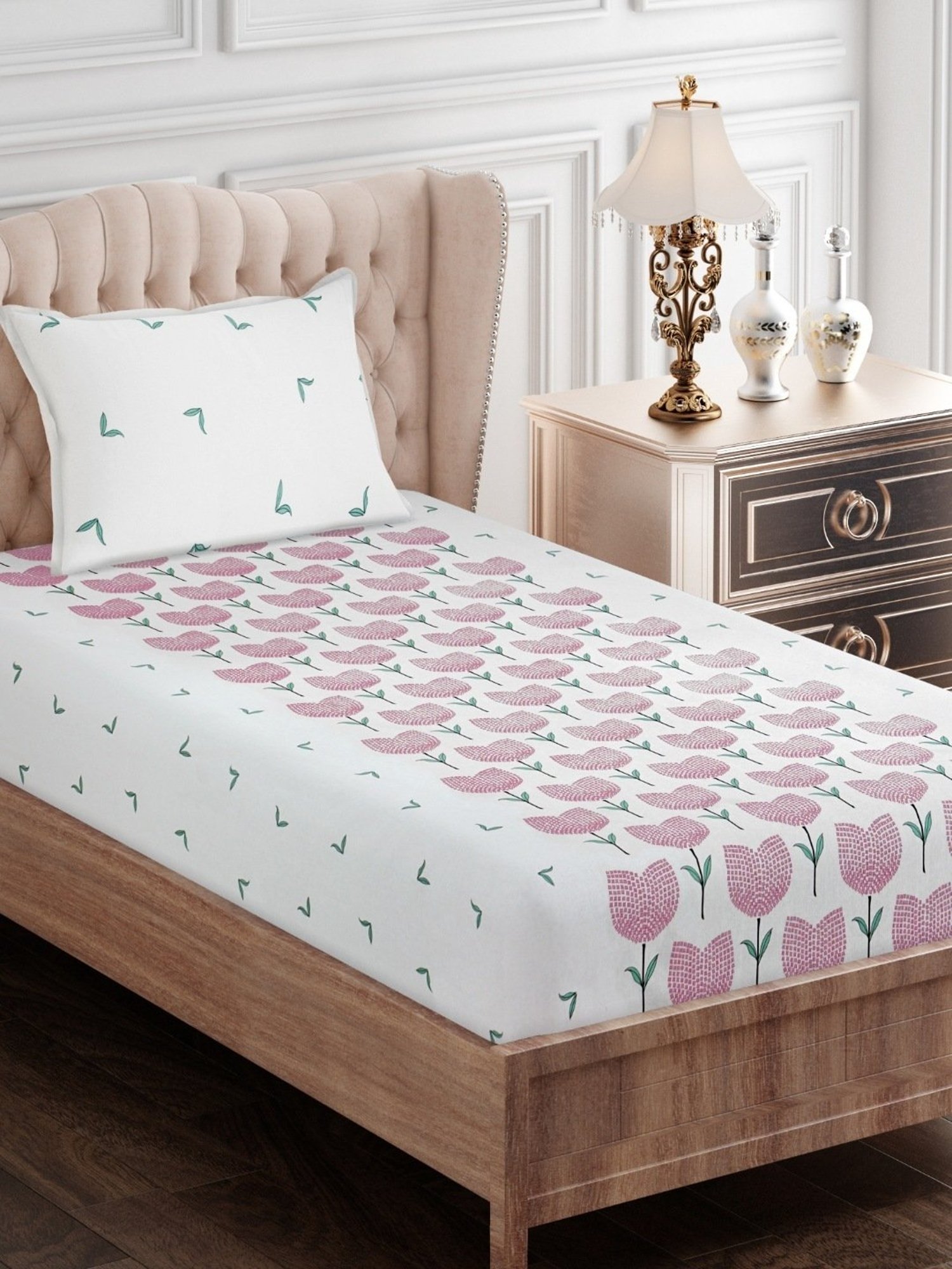 SEJ by Nisha Gupta Floral Pink 144 TC Cotton Single Bed Sheet with 1 Pillow Cover