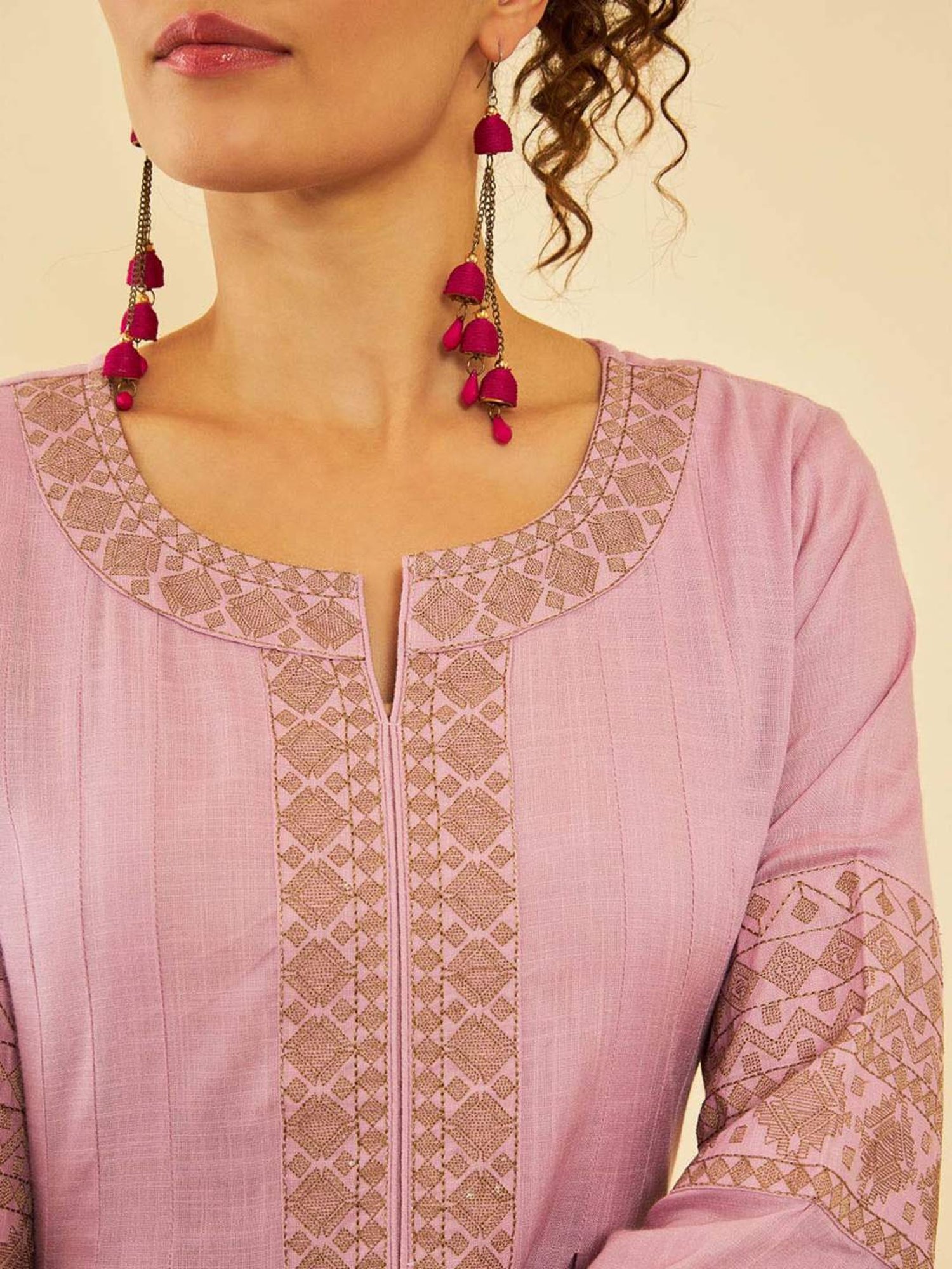 Soch Purple Rayon Slub Yoke Embroidery A-Line Tunic With Darts