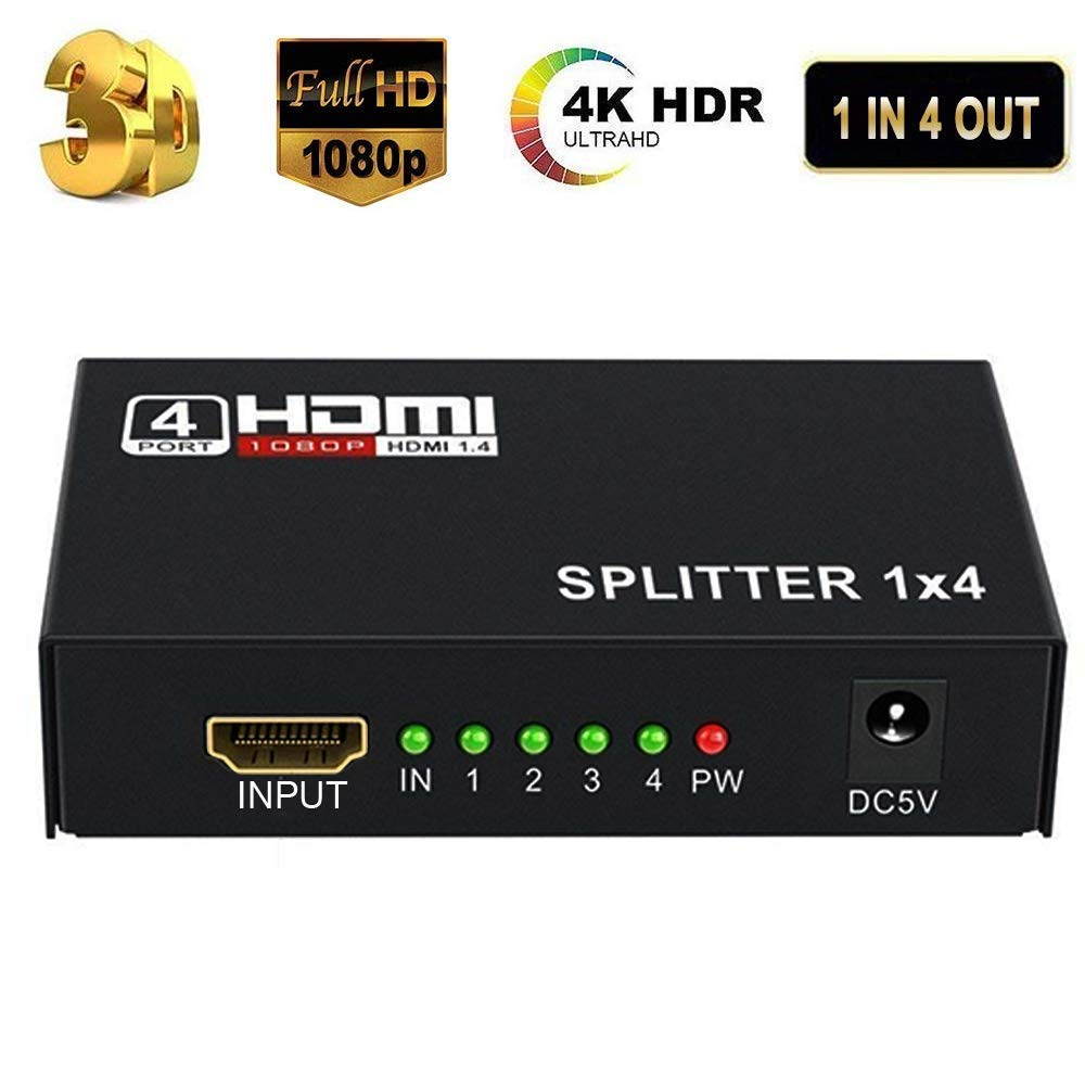 HDMI Splitter 1 in 2 3 4 Out 4K@30HZ, CORN 4K V1.4 HDCP Powered Hdmi Video Splitter with AC Adaptor 1 Input to 4 Outputs, Supports 3D 4K HD1080P for PS4 XboxRoku Blu-Ray Player Apple TV HDTV