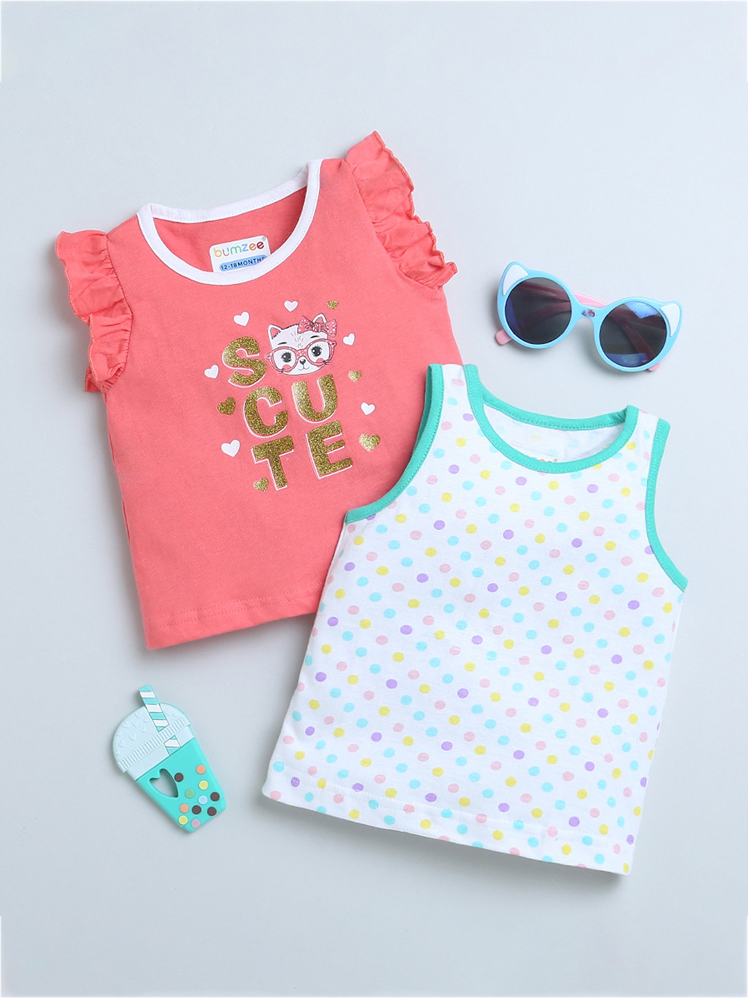 Bumzee Kids Coral & White Printed Top (Pack Of 2)