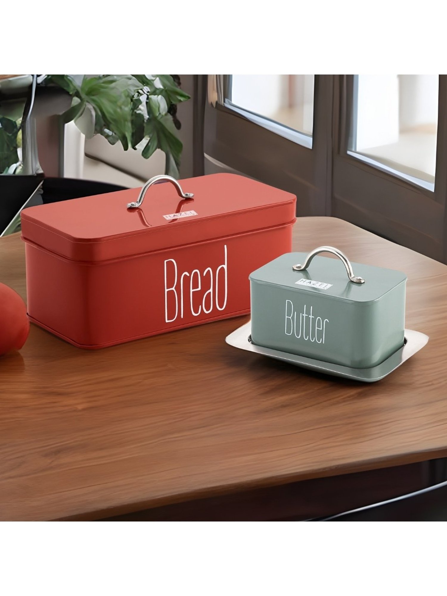 HAZEL Red and Olive Green Galvanized Metal Bread Butter Box - Set of 2 (4.1L)