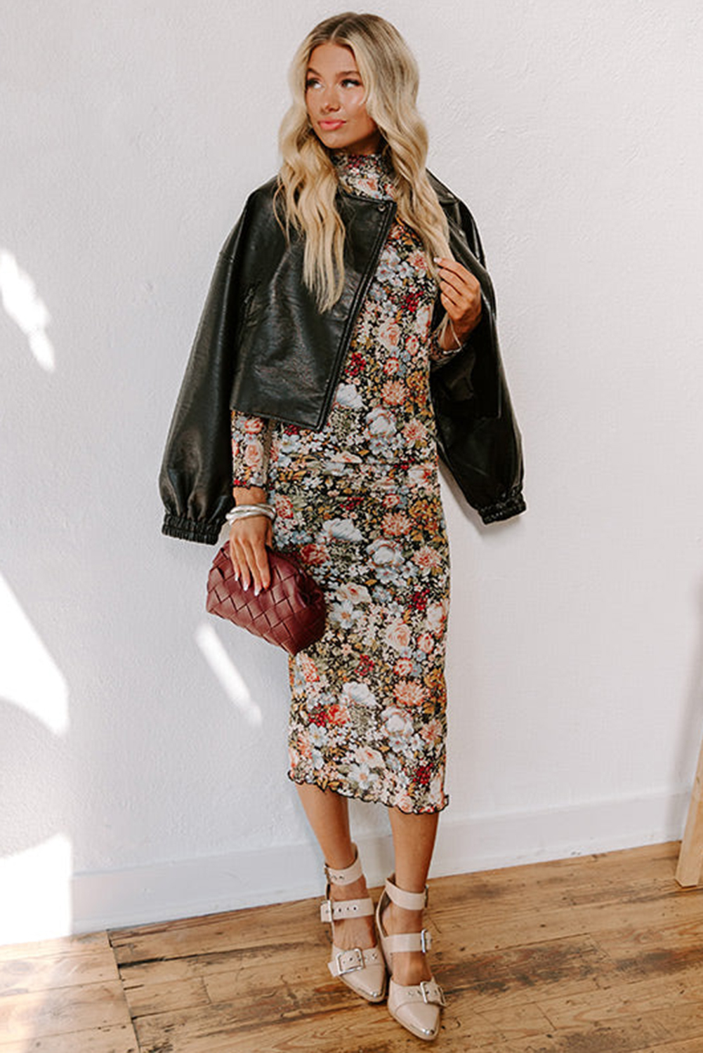 Multicolour Floral Print Split Neck Midi Dress