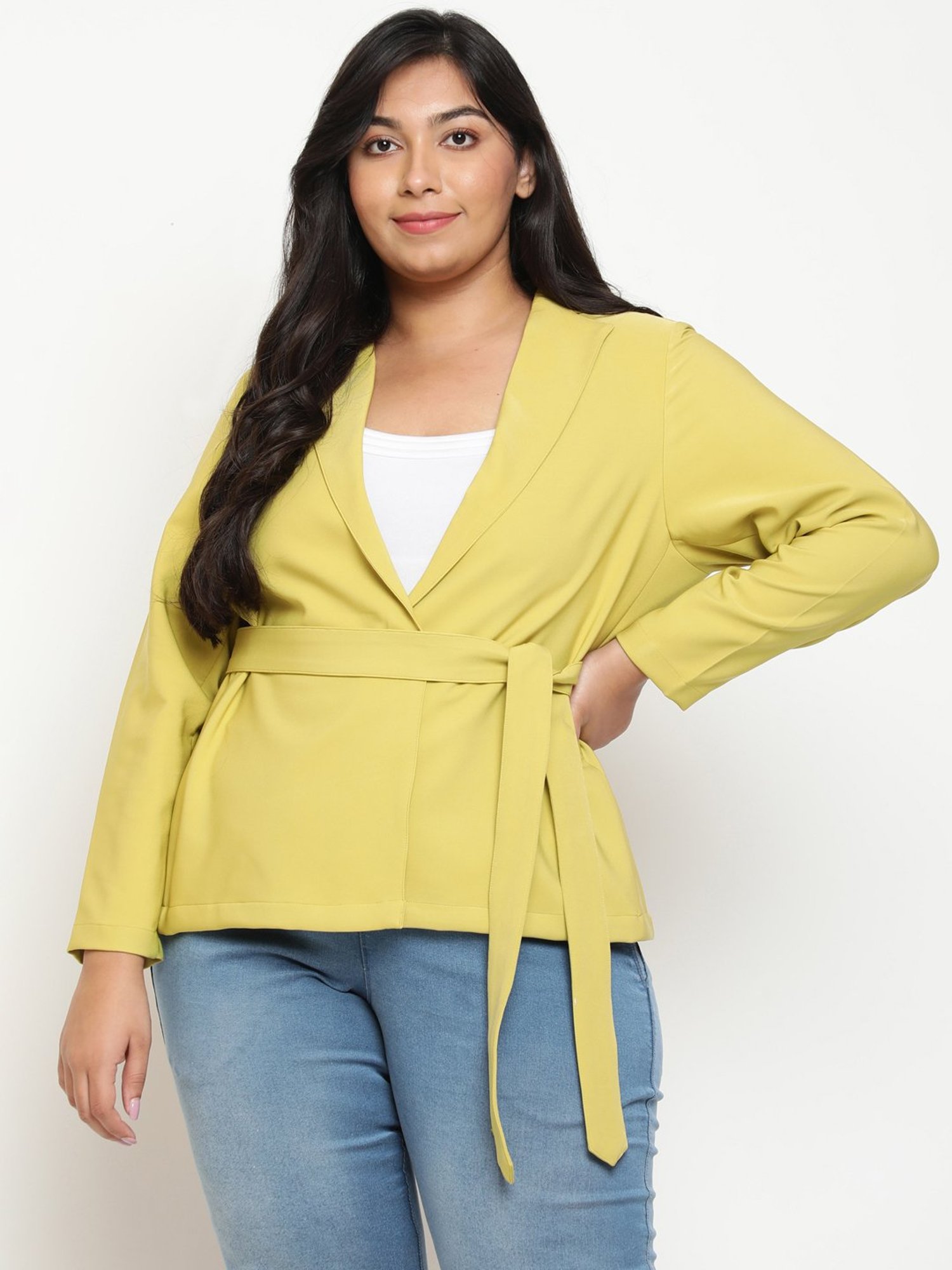 Amydus Yellow Blazer With Tie Up Waist Belt