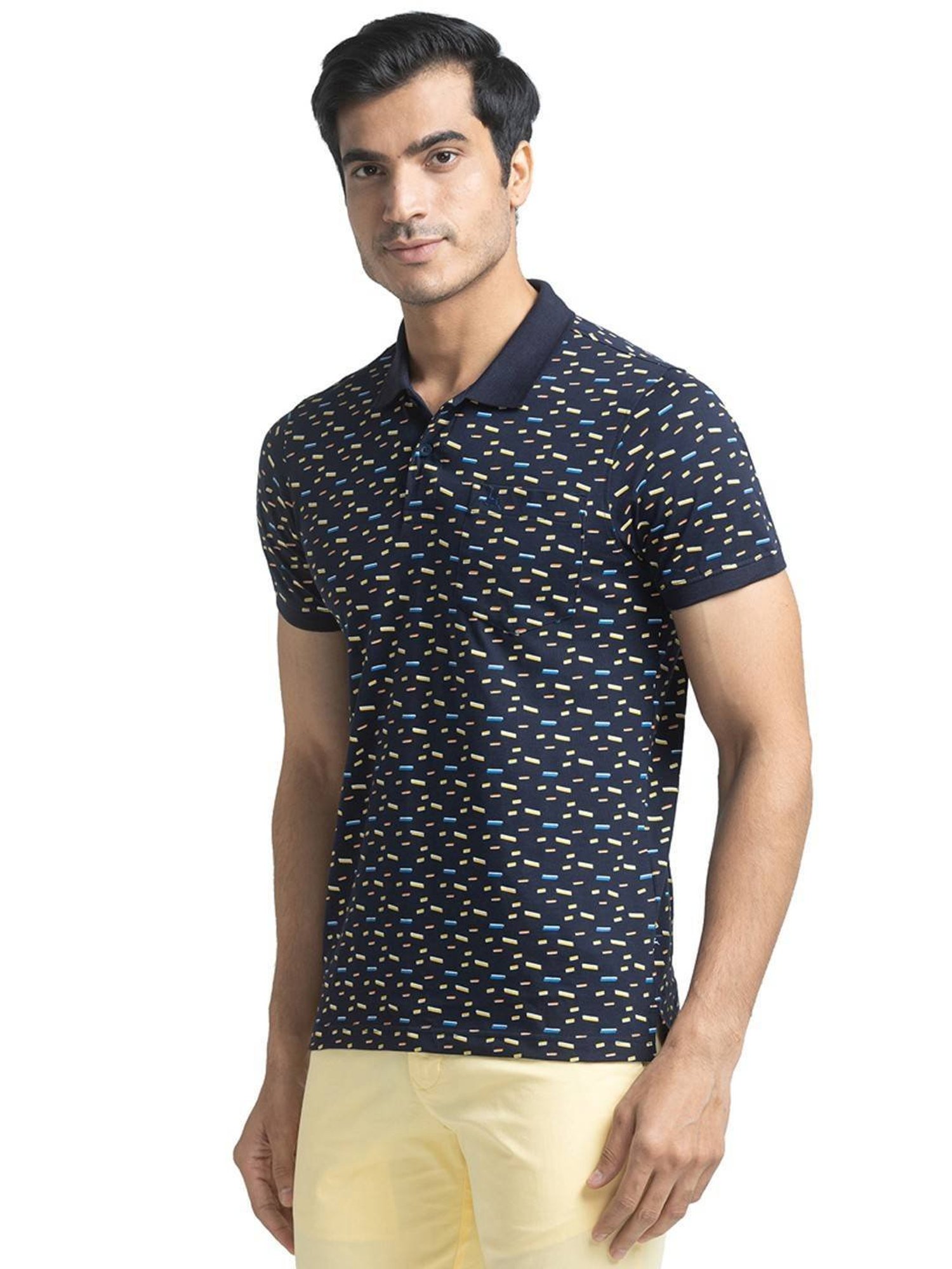 Parx Blue Cotton Regular Fit Printed Polo T-Shirt