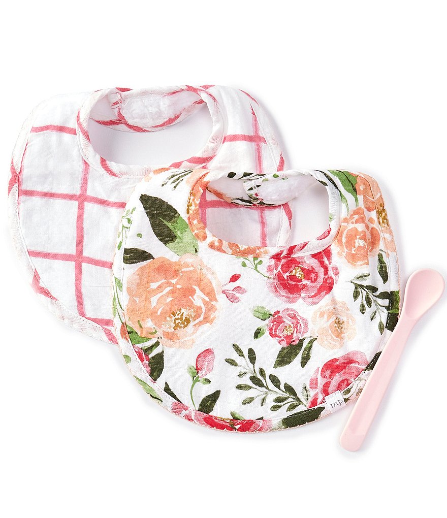 Mud Pie Baby Girls Floral/Checked Set 2-Pack Bibs & Spoon Set