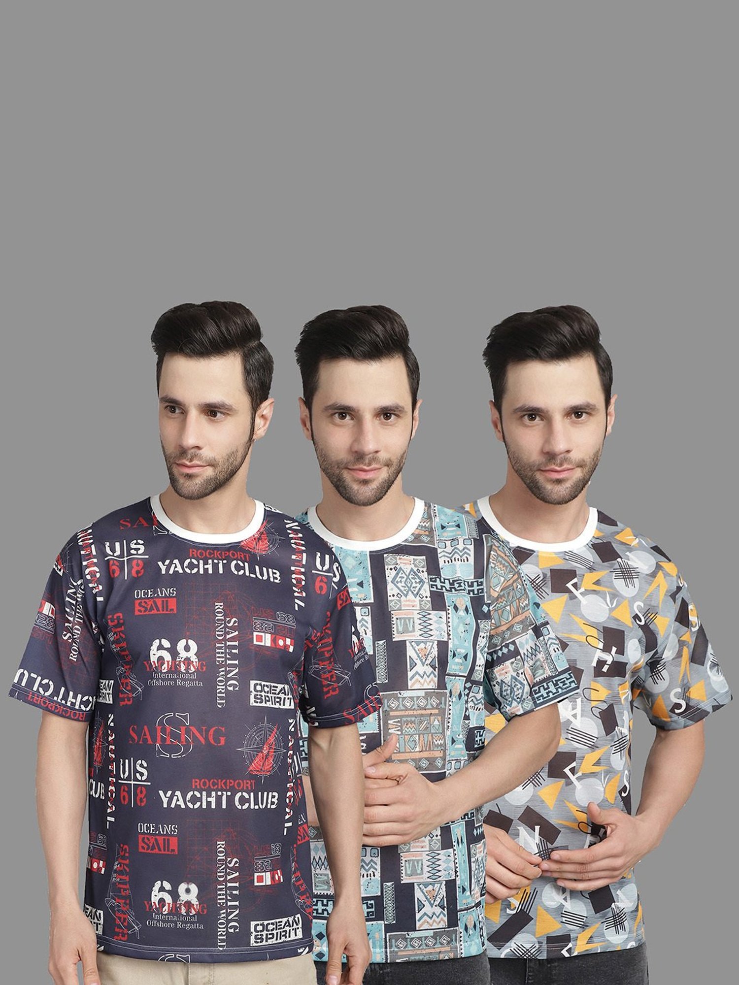 Vimal Jonney Multicolor Regular Fit Printed Crew T-Shirt - Pack of 3
