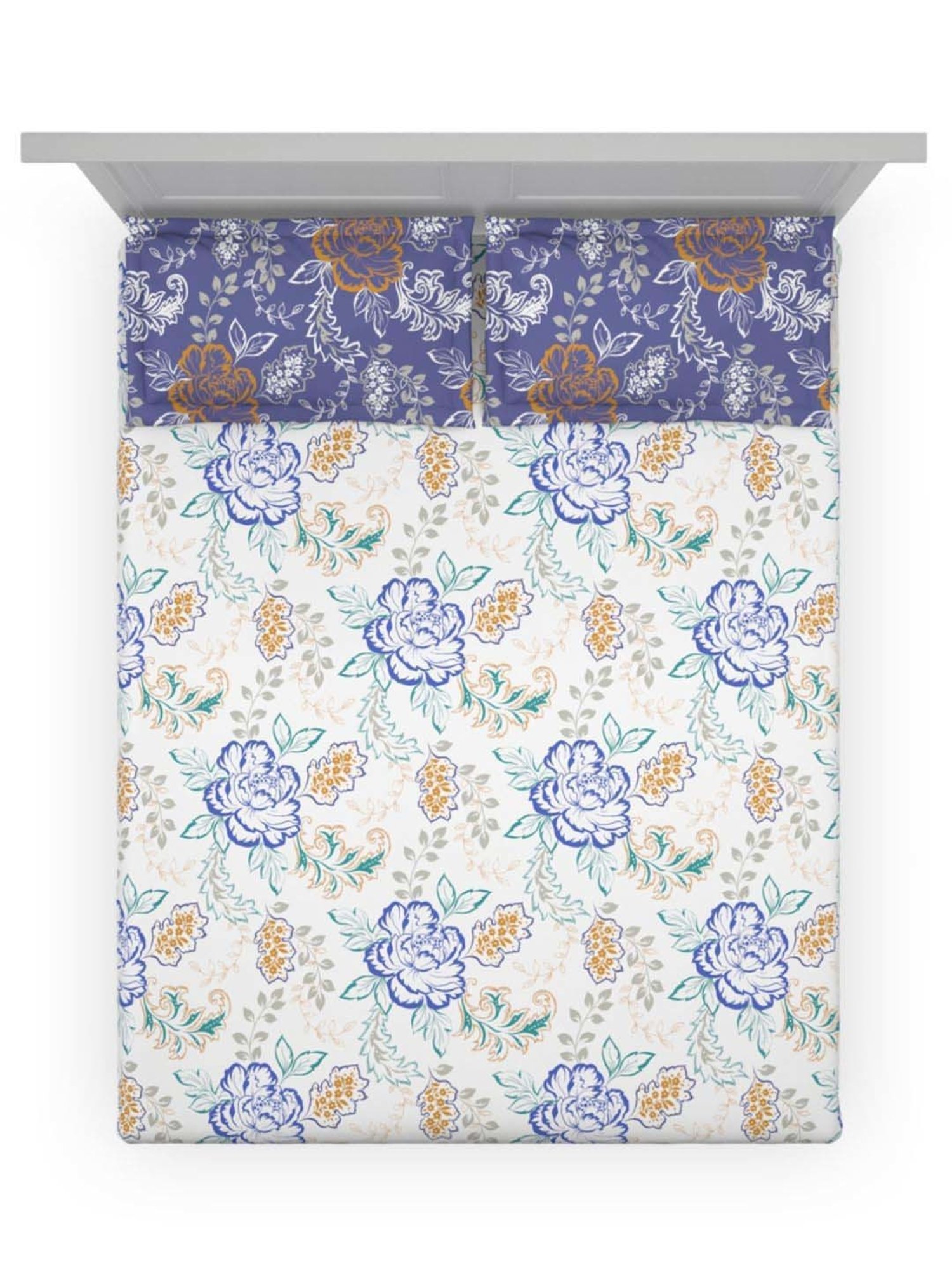 DDecor Lyra Floral Blue Cotton 144 TC Double Bedsheet With 2 Pillow Covers