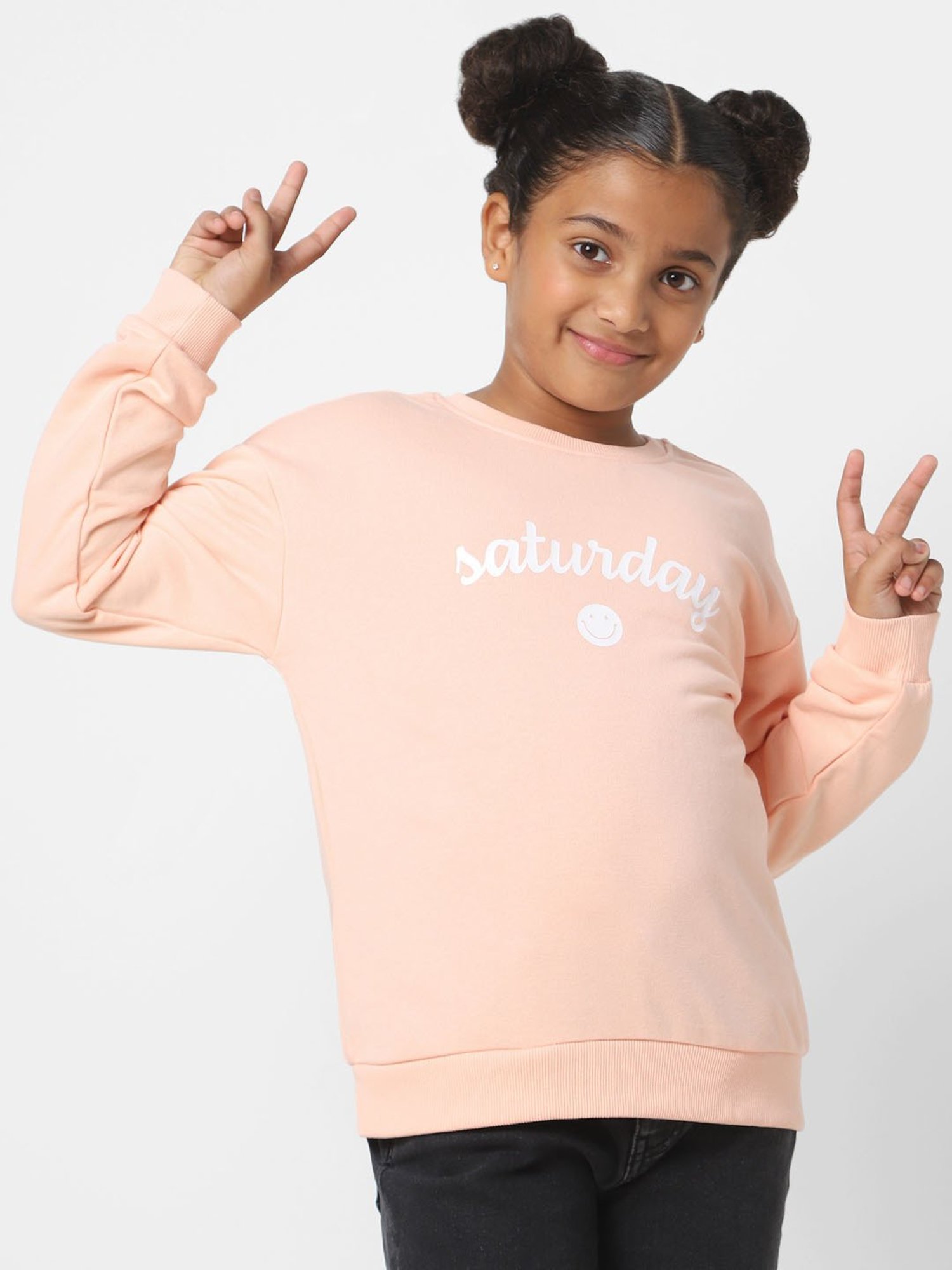 KIDS ONLY Peach Graphic Print Full Sleeves Sweatshirt