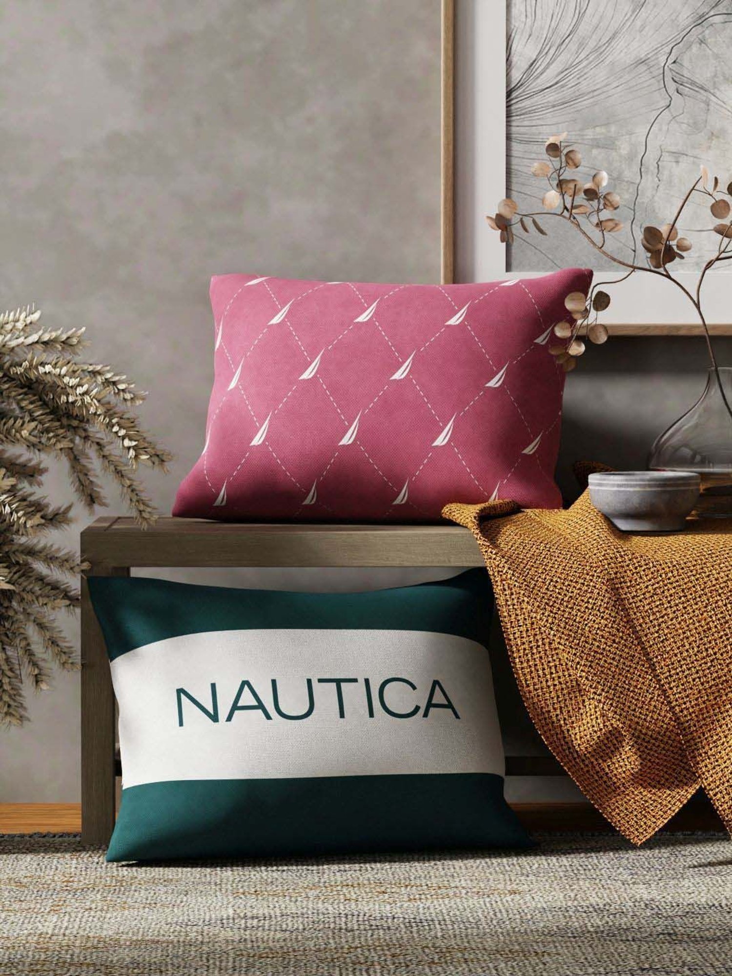 Nautica Logo Stripe Dull Pink & Forest Green Microfibre 300 GSM Premium Cushion Covers - Set of 2