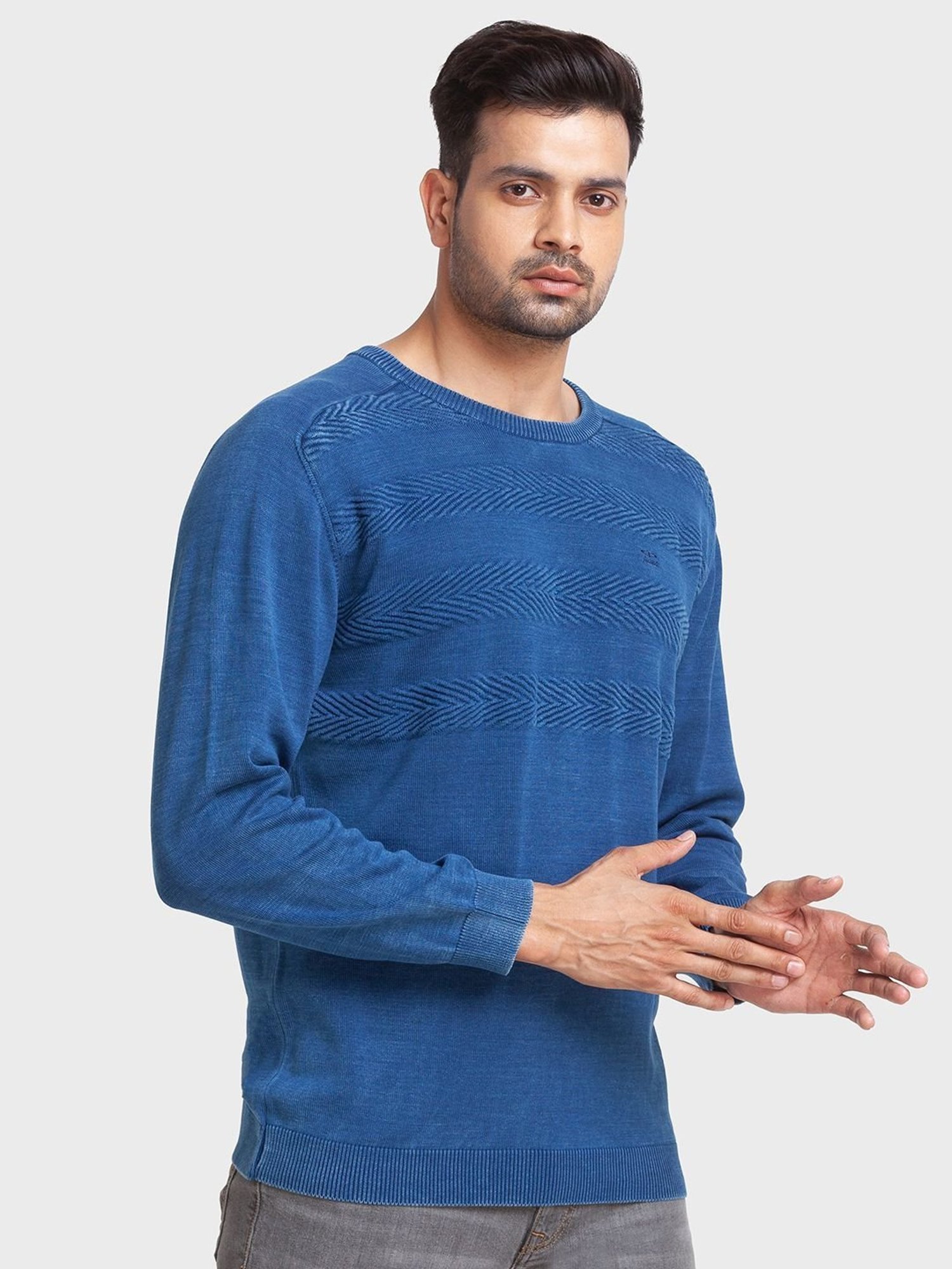 ColorPlus Blue Cotton Tailored Fit Self Pattern Sweaters