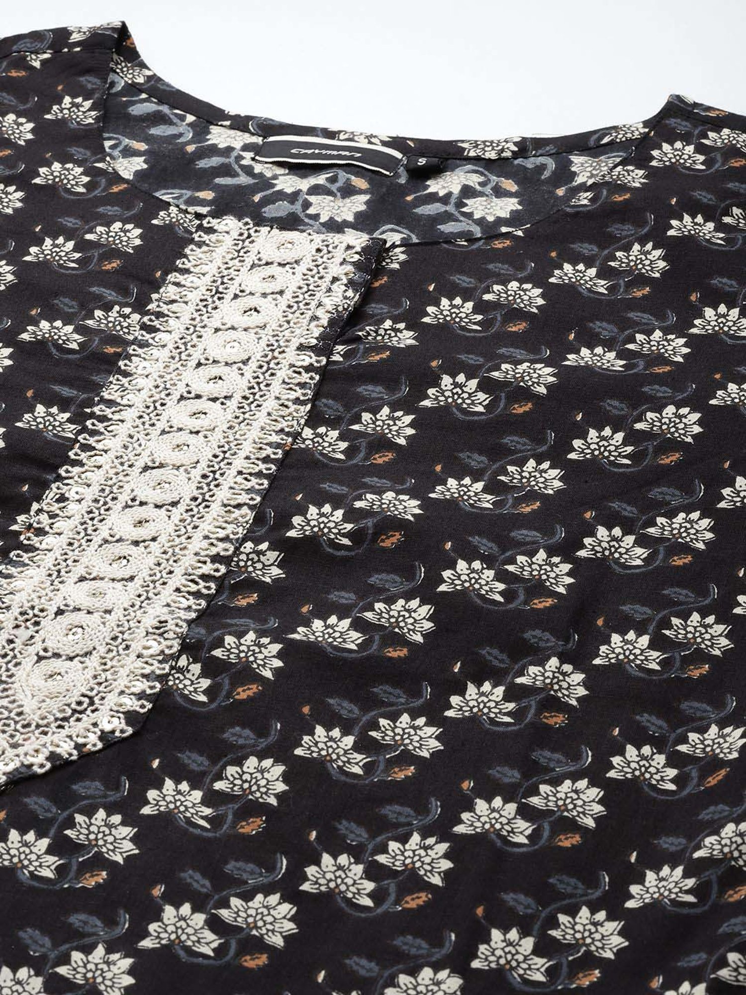 Cayman Black Cotton Floral Print Straight Kurta