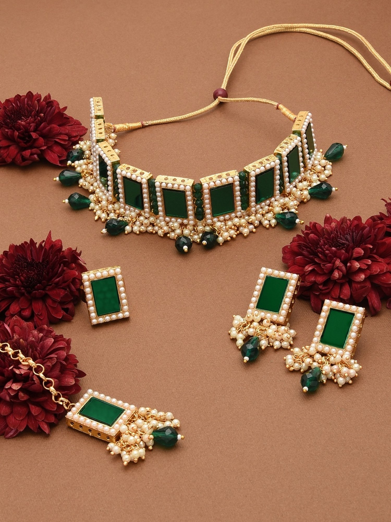 Zaveri Pearls Green Mirror & Cluster Pearls Necklace, Earring, Maangtikka & Ring Set