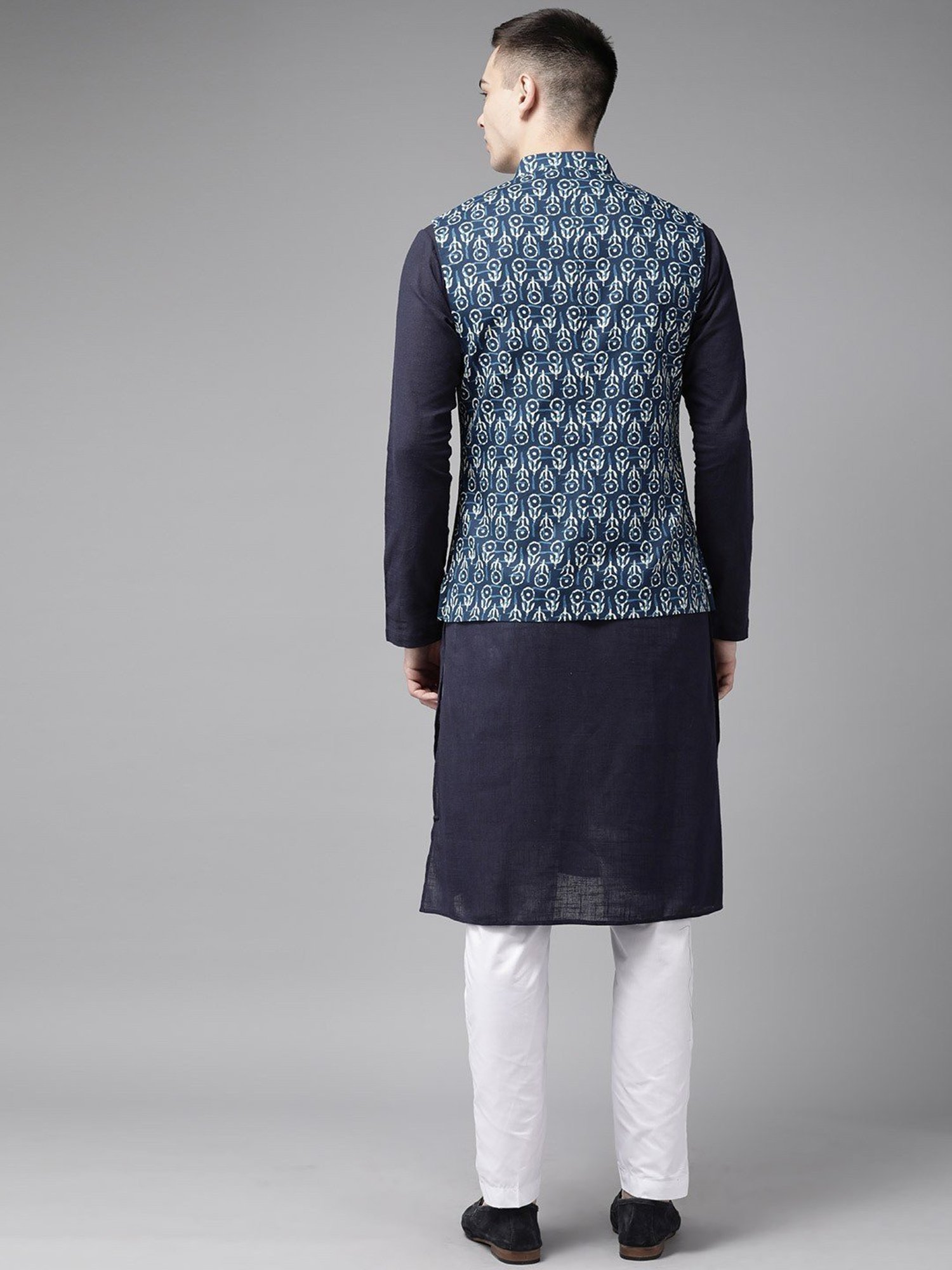See Designs Blue Cotton Regular Fit Printed Nehru Jacket