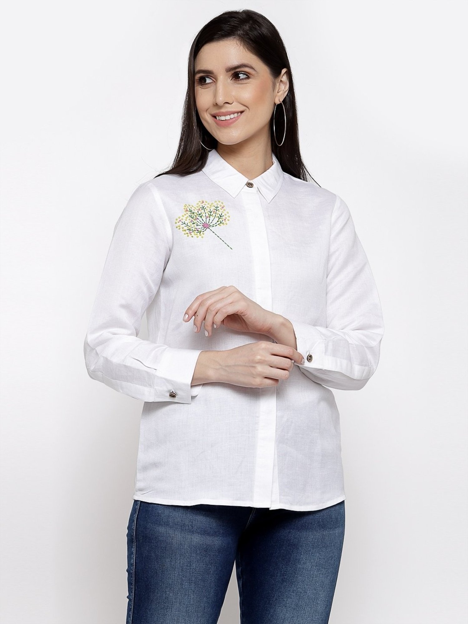 DART STUDIO White Linen Embroidered Shirt