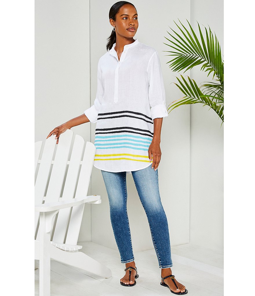 Lauren Ralph Lauren Striped Linen Long Roll-Tab Sleeve Hi-Low Tunic