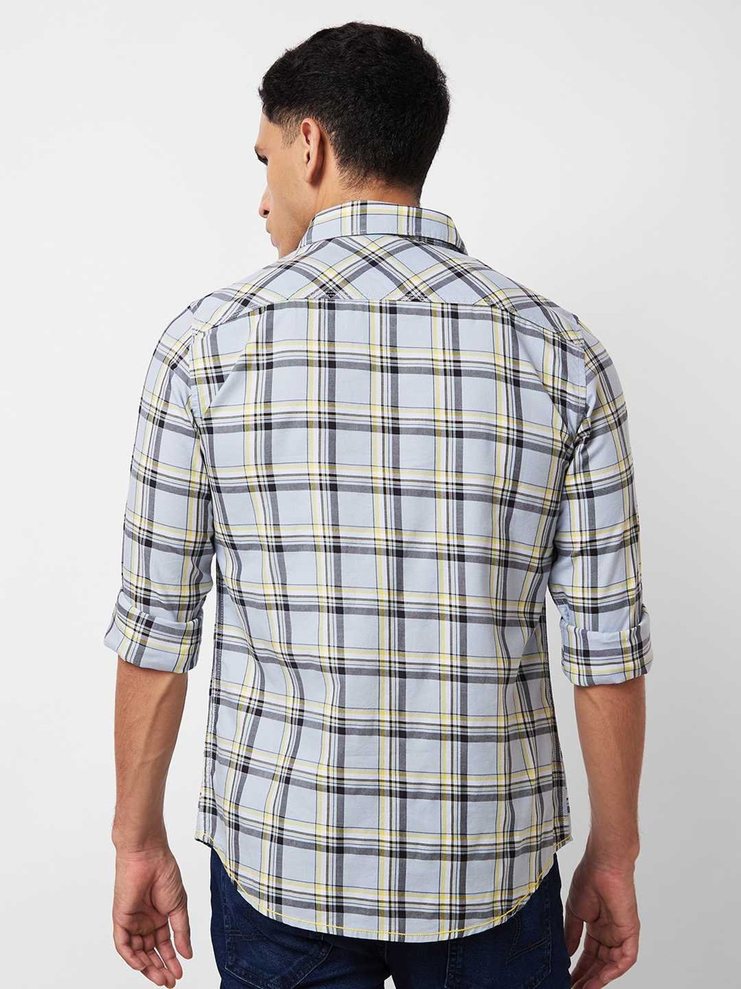 Spykar Grey Cotton Slim Fit Checks Shirt