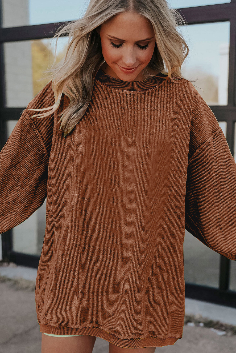 Khaki Plain Drop Shoulder Ribbed Trim Oversized Sweatshirt