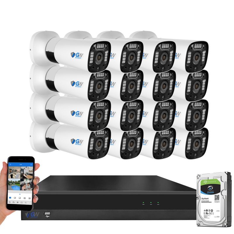 GW Security Super HD 5MP Full Time Color Night Vision Security Camera System, 16-channel H.265 UHD 4K NVR, 16 x 5 Megapixel Color Night Vision Microphone Outodoor Bullet PoE IP Camera, 4TB HDD