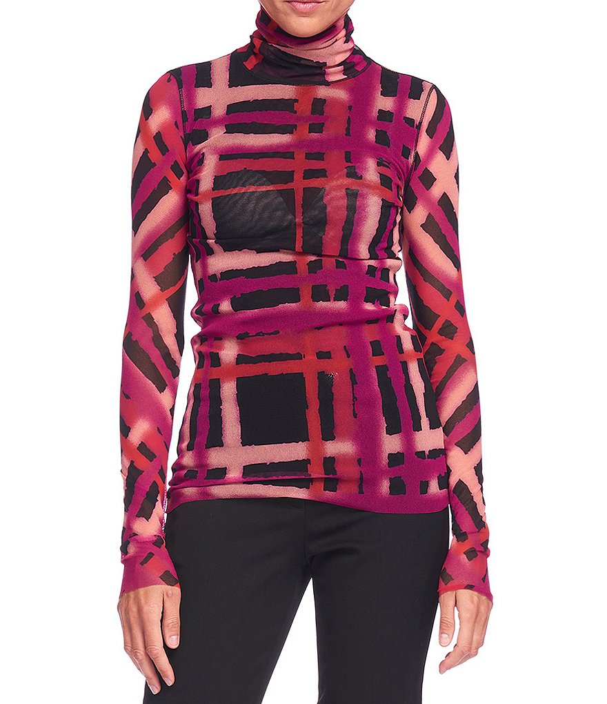 FUZZI Tulle Mesh Abstract Print Turtleneck Long Sleeve Top