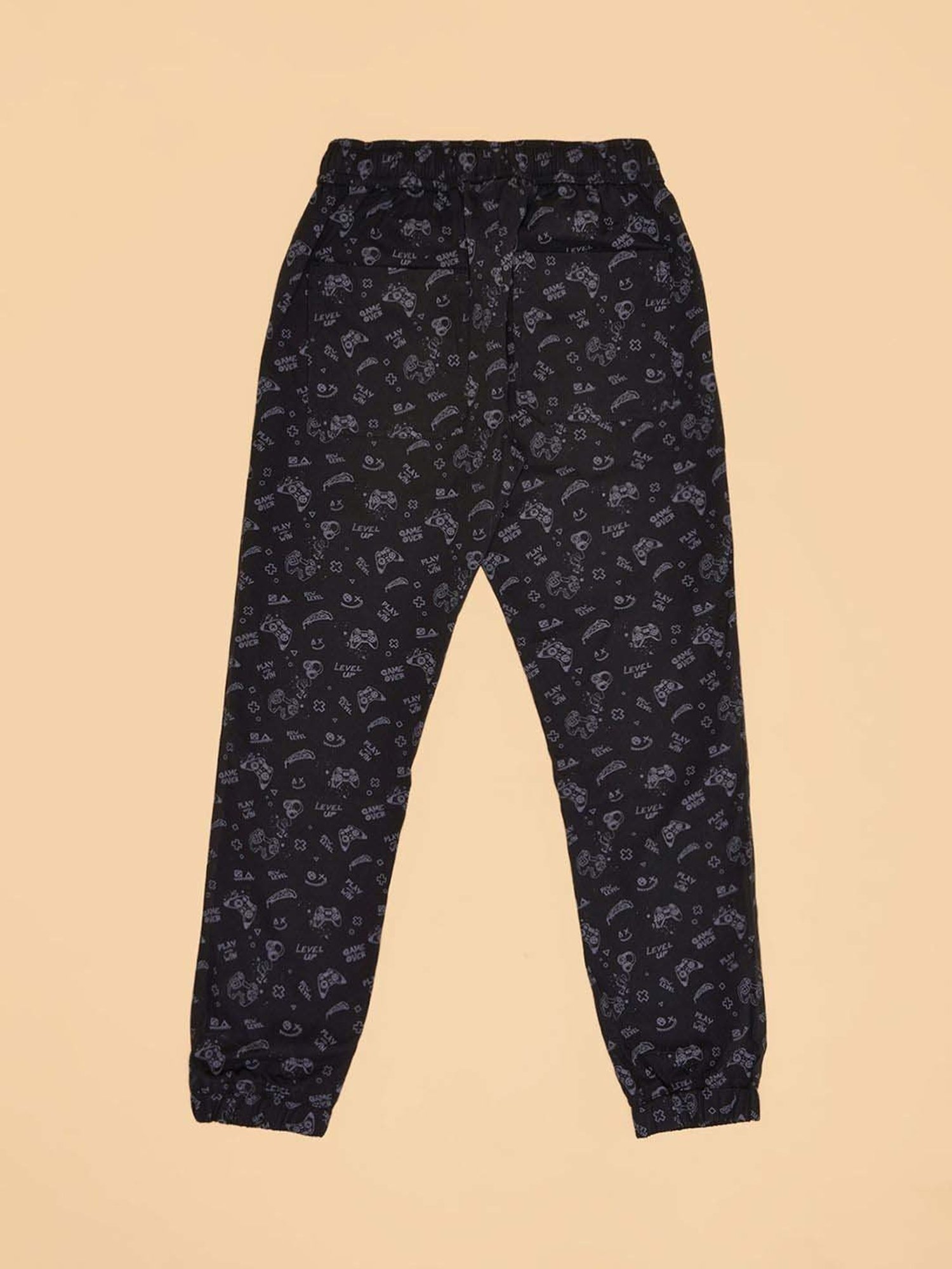 Pantaloons Junior Boys Jet Black Cotton Printed Track Bottoms & Joggers