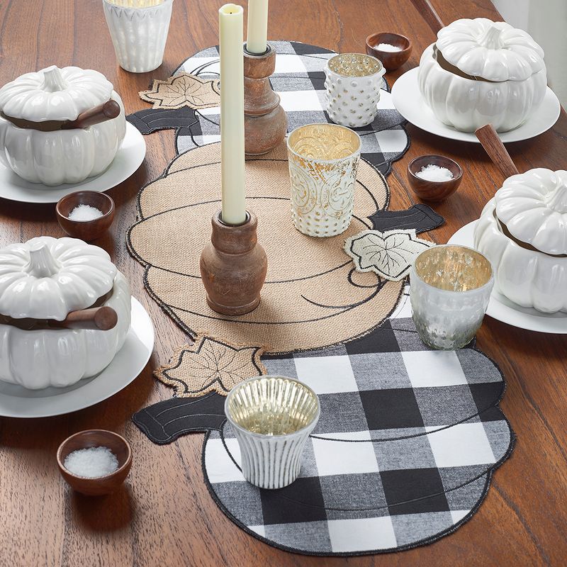 Burlap and Check Pumpkin Centerpiece Runner - 13" x 36" - Black/White - Elrene Home Fashions