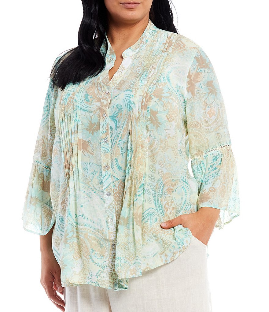 Ruby Rd. Plus Size Paisley Floral Print Split Round Neck 3/4 Bell Sleeve Button Front Top