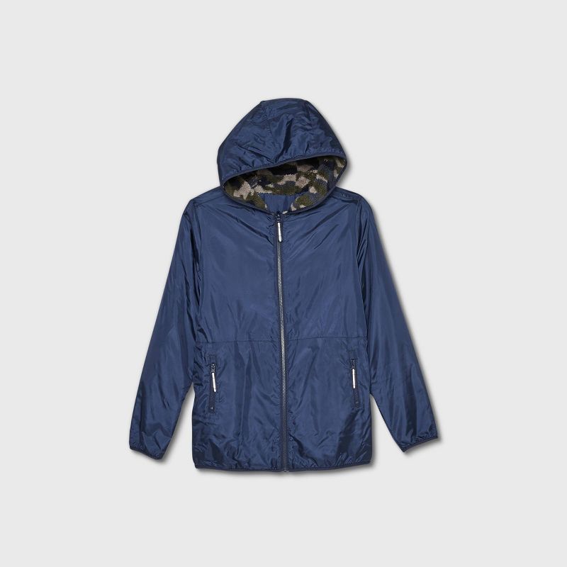 Boys' Camo Print Reversible Full Zip Faux Fur Jacket - Cat & Jack™ Olive Green/Navy XS