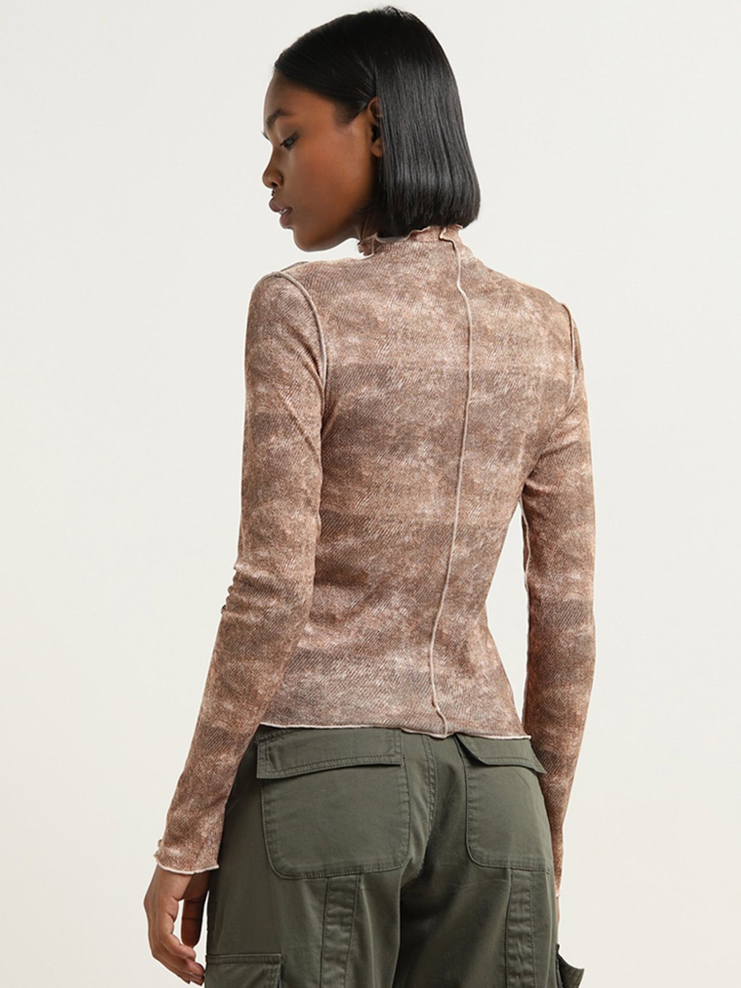 Nuon by Westside Brown Abstract Design Mesh Top