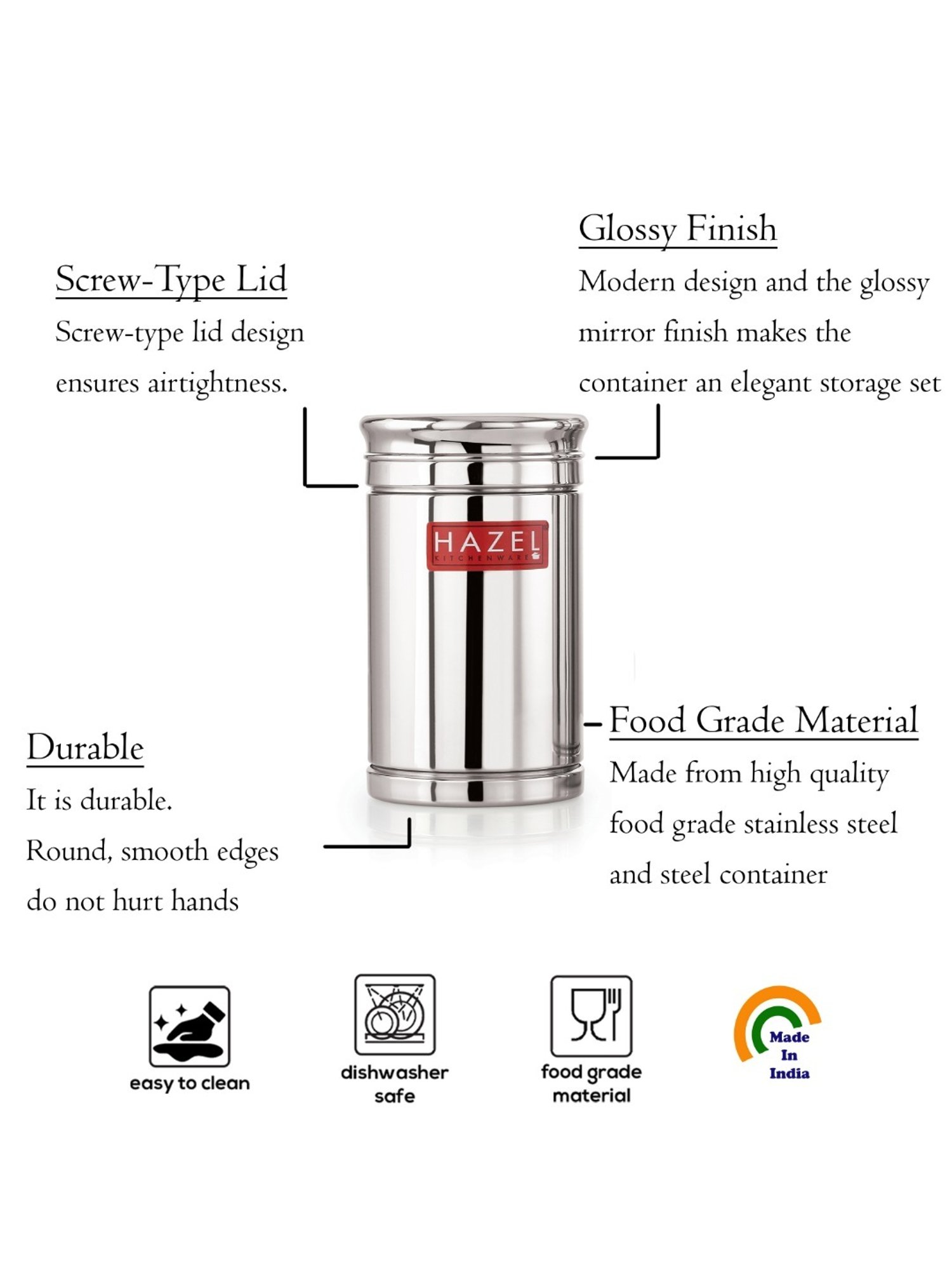 HAZEL Silver Stainless Steel Containers - Set of 6 (0.8L)