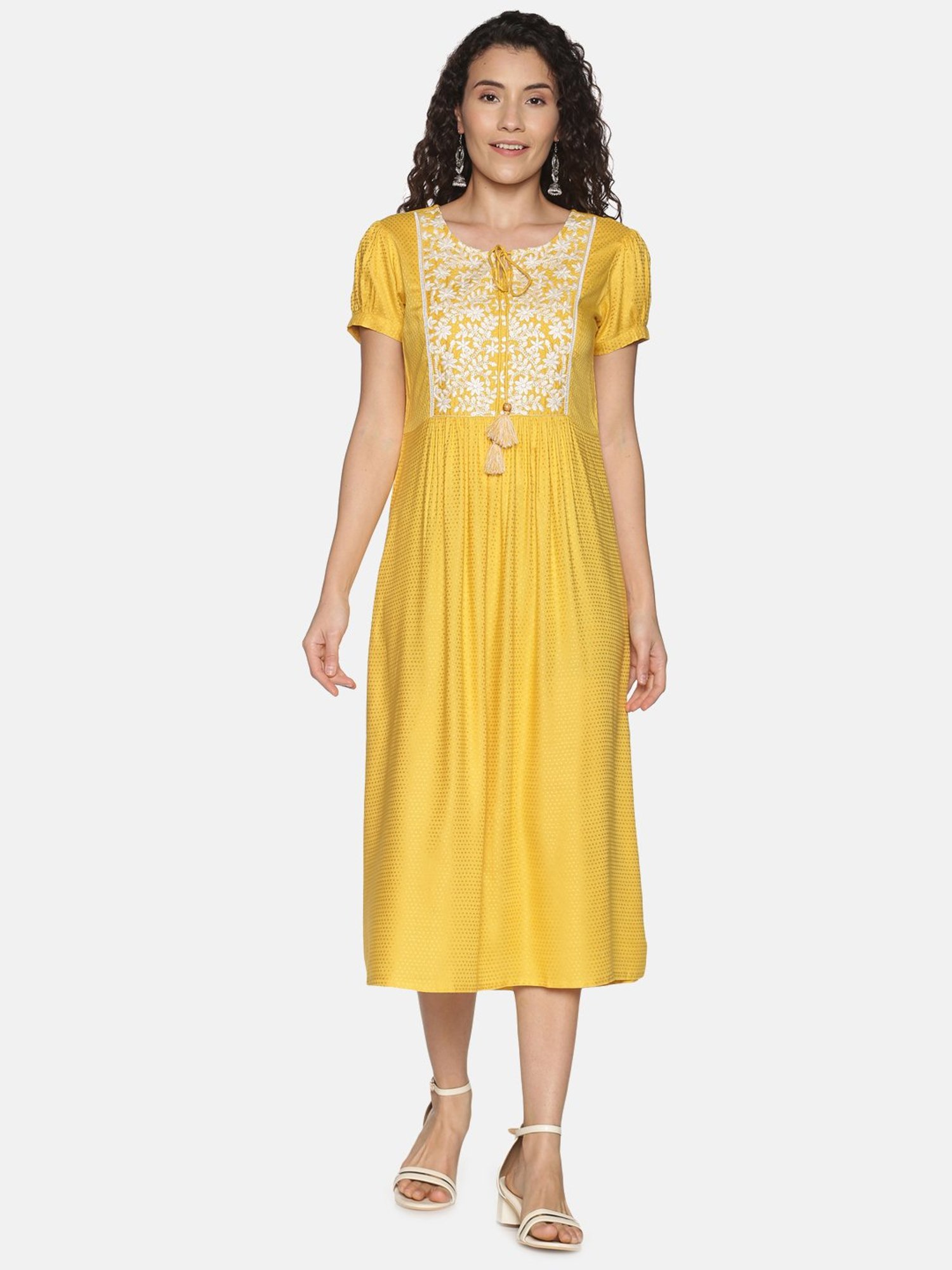 Saffron Threads Yellow Rayon Embroidered Midi Dress