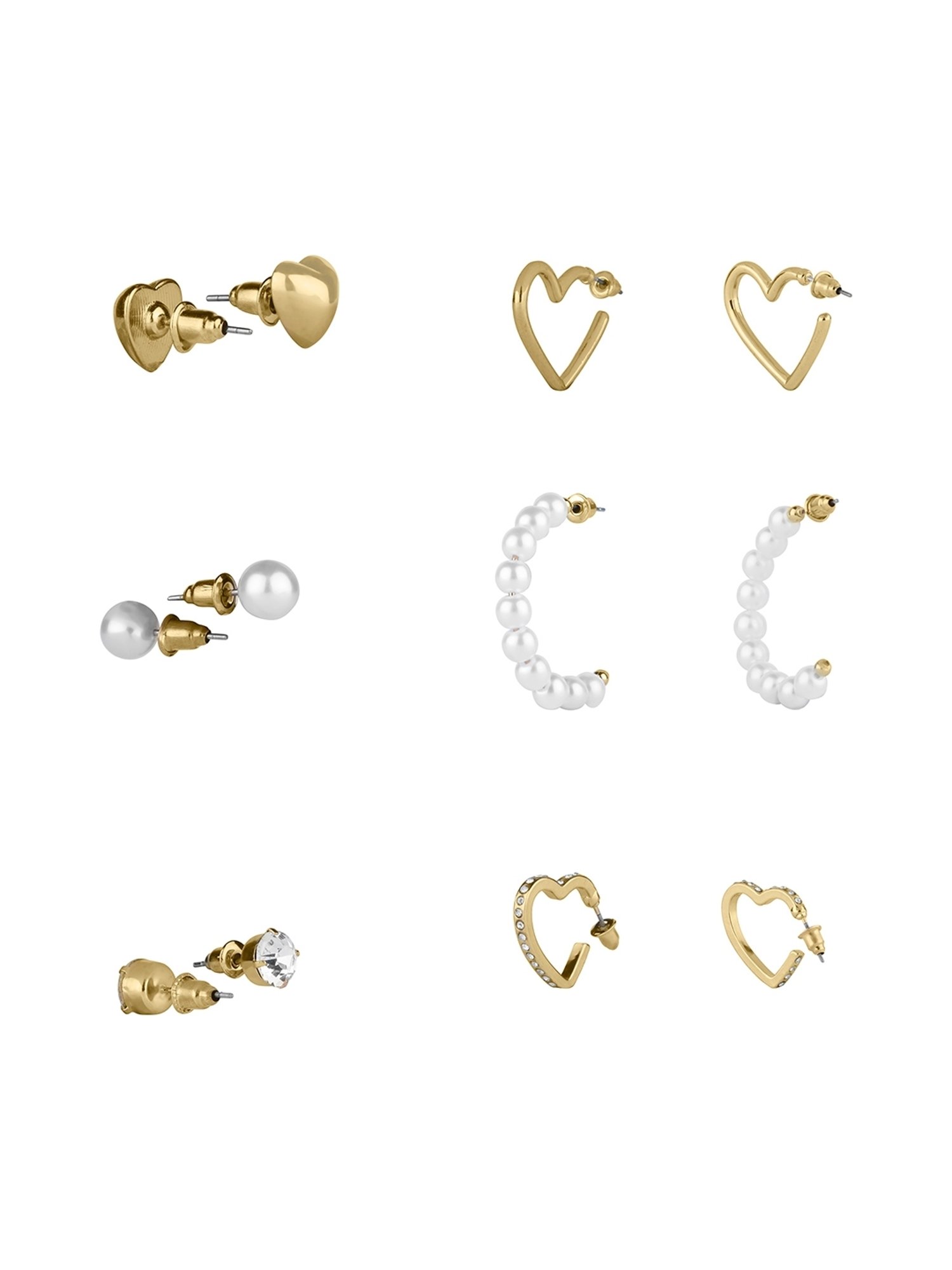 Lilly & Sparkle Set of 6 Gold-Toned 3 Studs and 3 Pearl-Crystal Studded Half Hoop Earrings