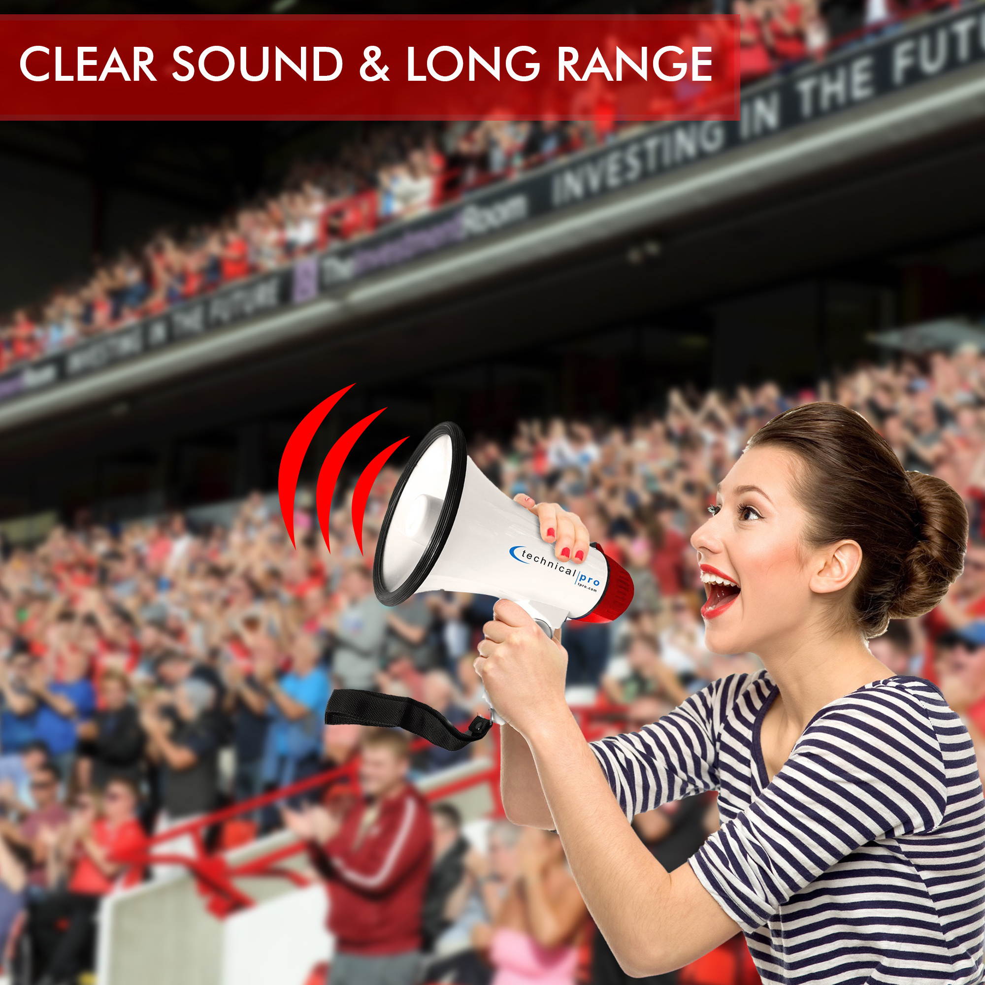 Technical Pro, Red Megaphone 50-Watt Siren Bullhorn - Bullhorn Speaker w/Detachable Microphone, Portable Lightweight Strap Detachable PA - Professional Outdoor Voice for Police & Cheer leading