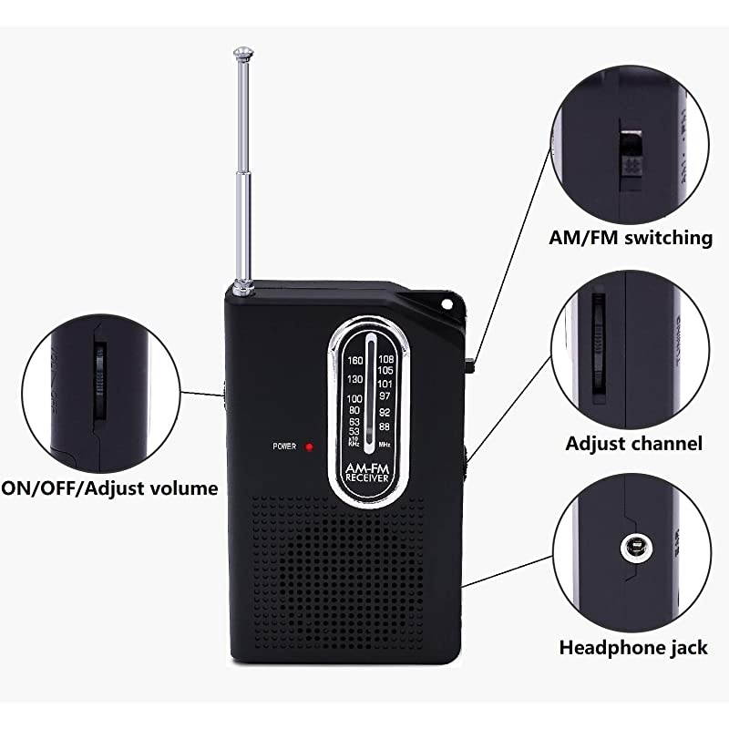 FM Portable Pocket Radio, Battery Operated Compact Transistor Radios with Great Reception, Built-in Speaker, Come with Headphone (Black)