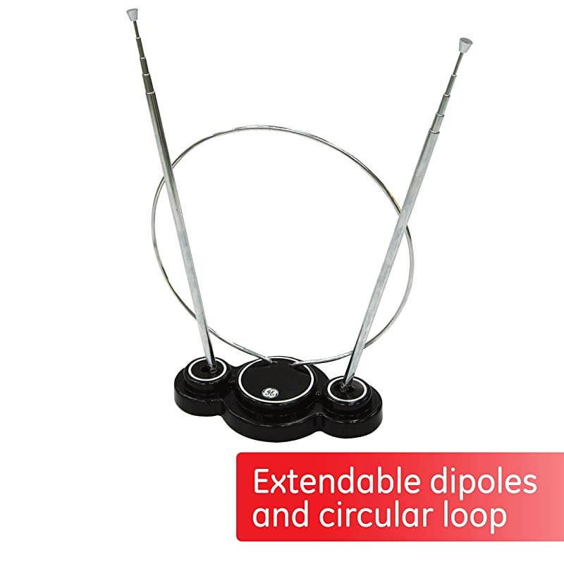 Traditional Rabbit Ears Indoor Black TV Antenna 15 inch Extendable Dipoles and Circular Loop Tabletop Antenna Digital HDTV Antenna Smart TV Compatible 4K 1080P VHF UHF Compact Design 33676