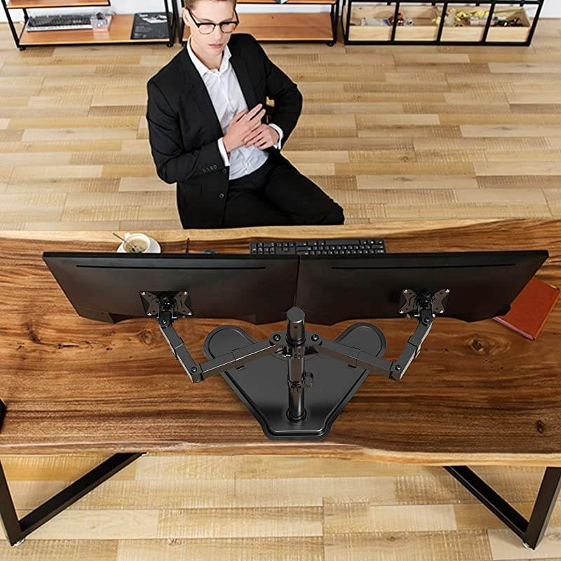 Dual Monitor Stand, Free Standing Height Adjustable Two Arm Monitor Mount for Two 13 to 32 inch Flat Curved LCD Screens with Swivel and Tilt, 17.6lbs per Arm by