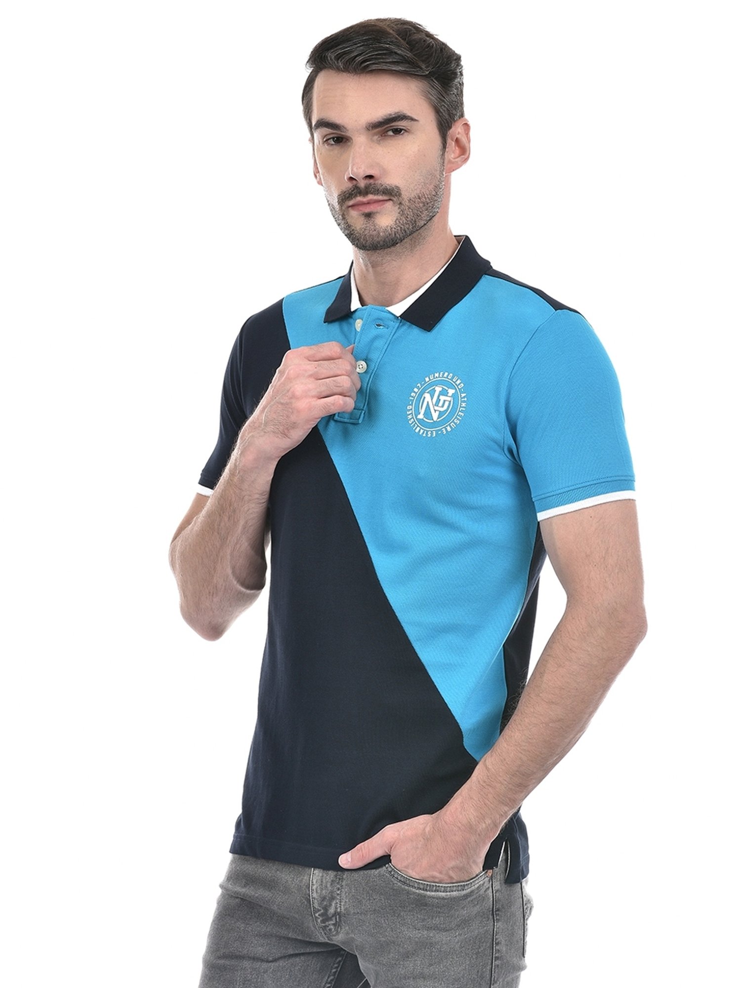 Numero Uno Blue Cotton Regular Fit Colour Block Polo T-Shirt